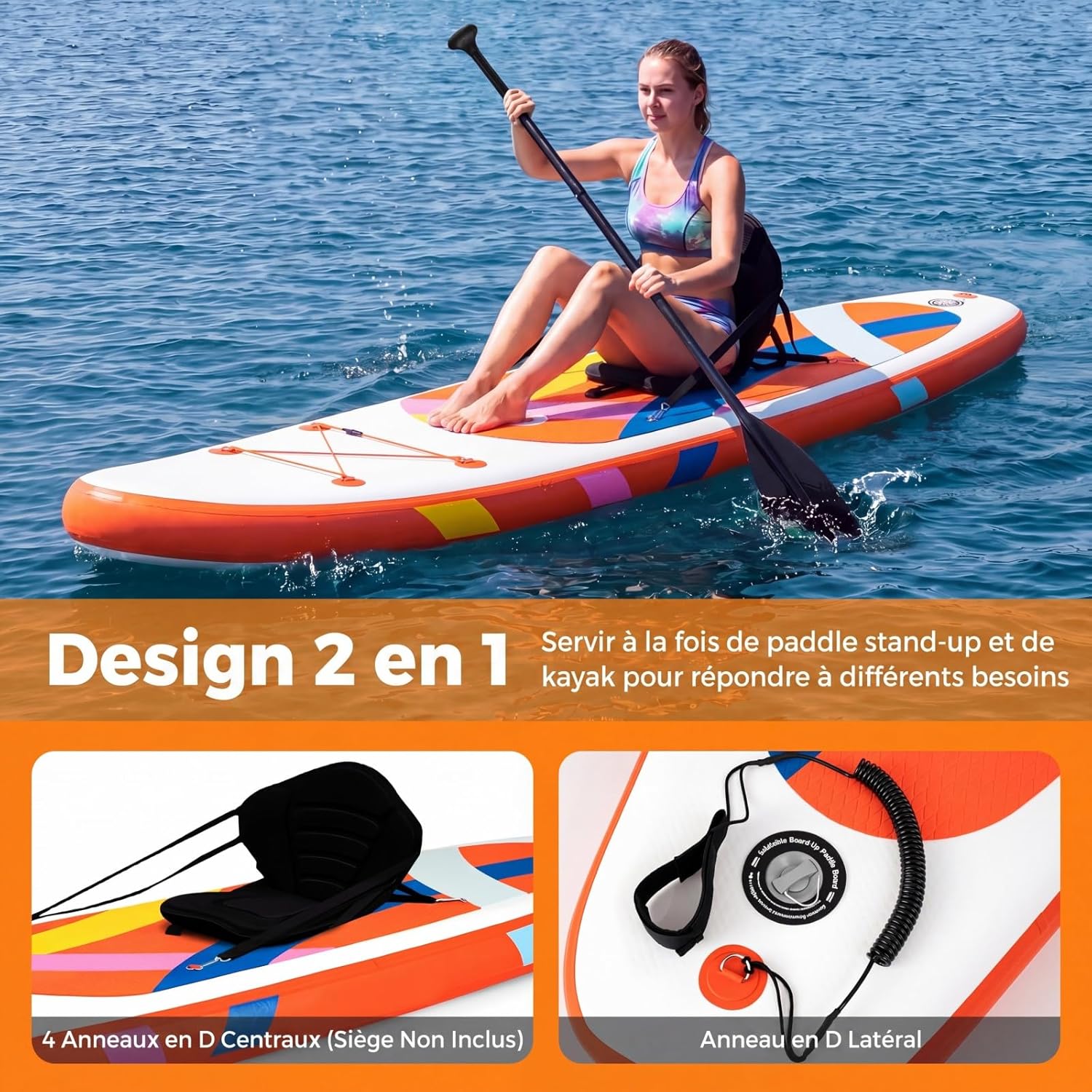 COSTWAY - paddle gonflable, aluminium réglable, accessoires complets, deck antidérapant