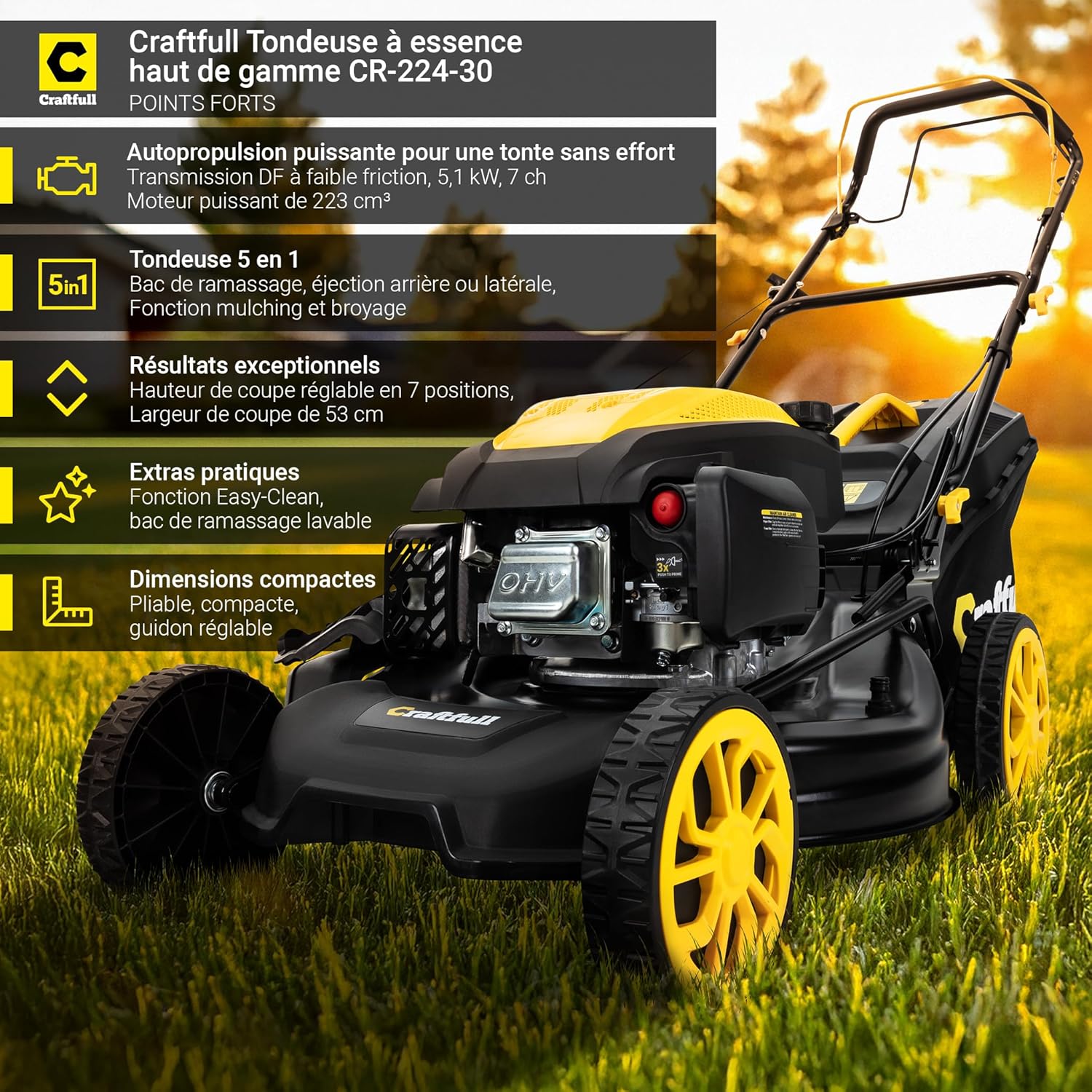 Craftfull - Tondeuse autotractée OHV 223cm³, 53cm, 7 réglages - CR-224-30