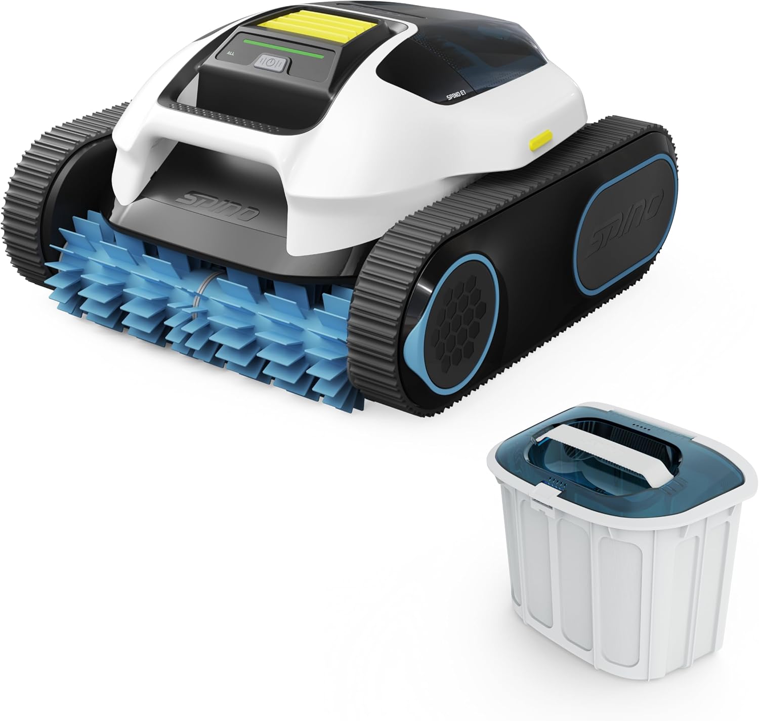 SPINO E1 Robot Piscine Fond et Parois, Ligne d'eau, Autonomie de 210 Min, Aspiration Puissante 21950 LPH Max, 5 Modes, Navigation Trajet SmartArc, App, Piscines 150㎡, 1 Panier Filtrant Inclus