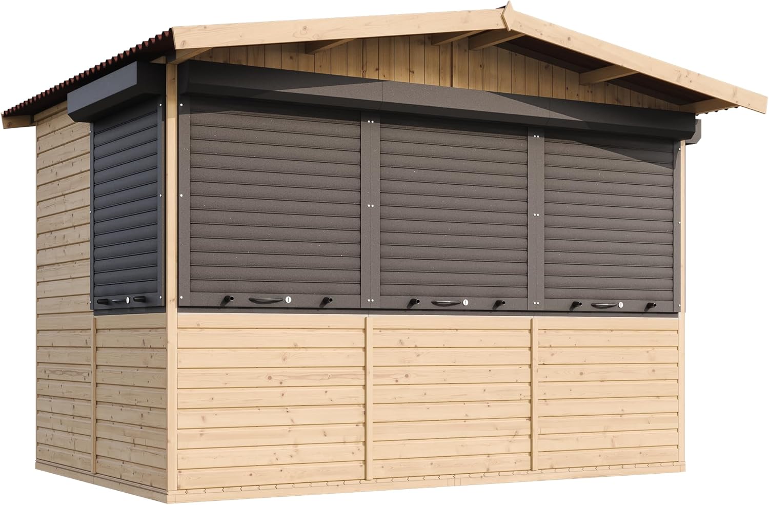 TIMBELA Abri de Jardin en Bois M150BZ – Kiosque Bois - Stand Marché avec 5 Fenêtres + Volets roulants, L336xP263xH232 cm / 6 m², Facile à Monter et à Démonter, Bar Jardin