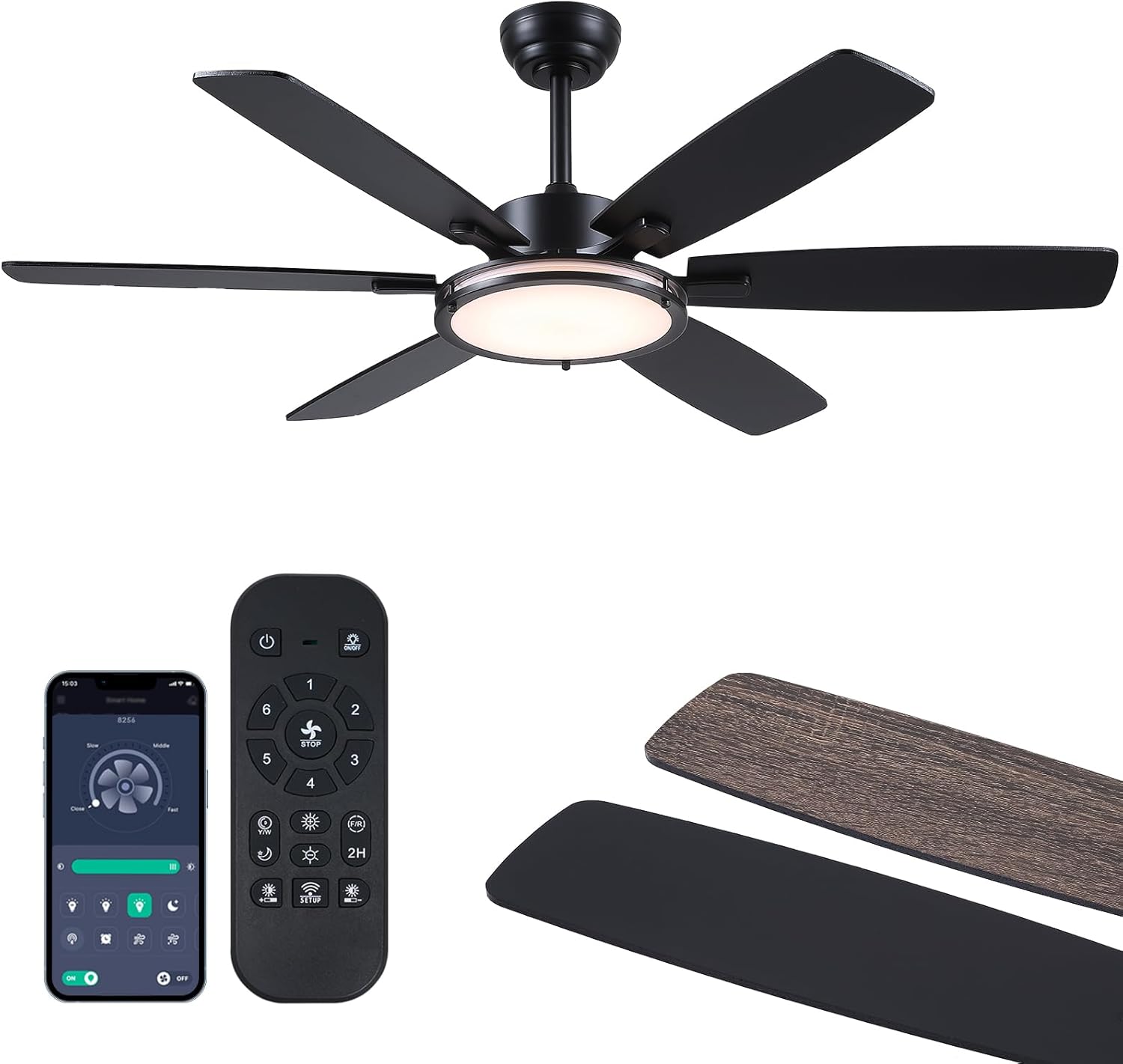 Kviflon Ventilateur de Plafond avec Lumière 132 cm, Moteur DC Silencieux et Économe, Télécommande & Contrôle par App, 6 Vitesses, LED Dimmable, 3 Pales ABS, Design Moderne Noir pour Chambre et Salon