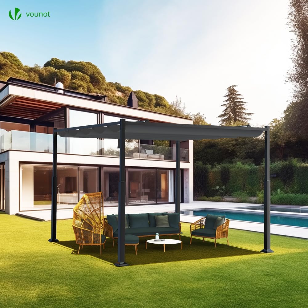 VOUNOT - Pergola rétractable 3x3m - métal, toile polyester haute densité