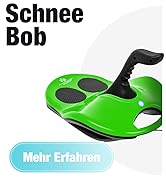 Le texte indique « Schnee », « Bob », « Mehr Erfahren ». Montre un traîneau récréatif vert vif ou un appareil similaire sous plusieurs angles sur fond blanc.