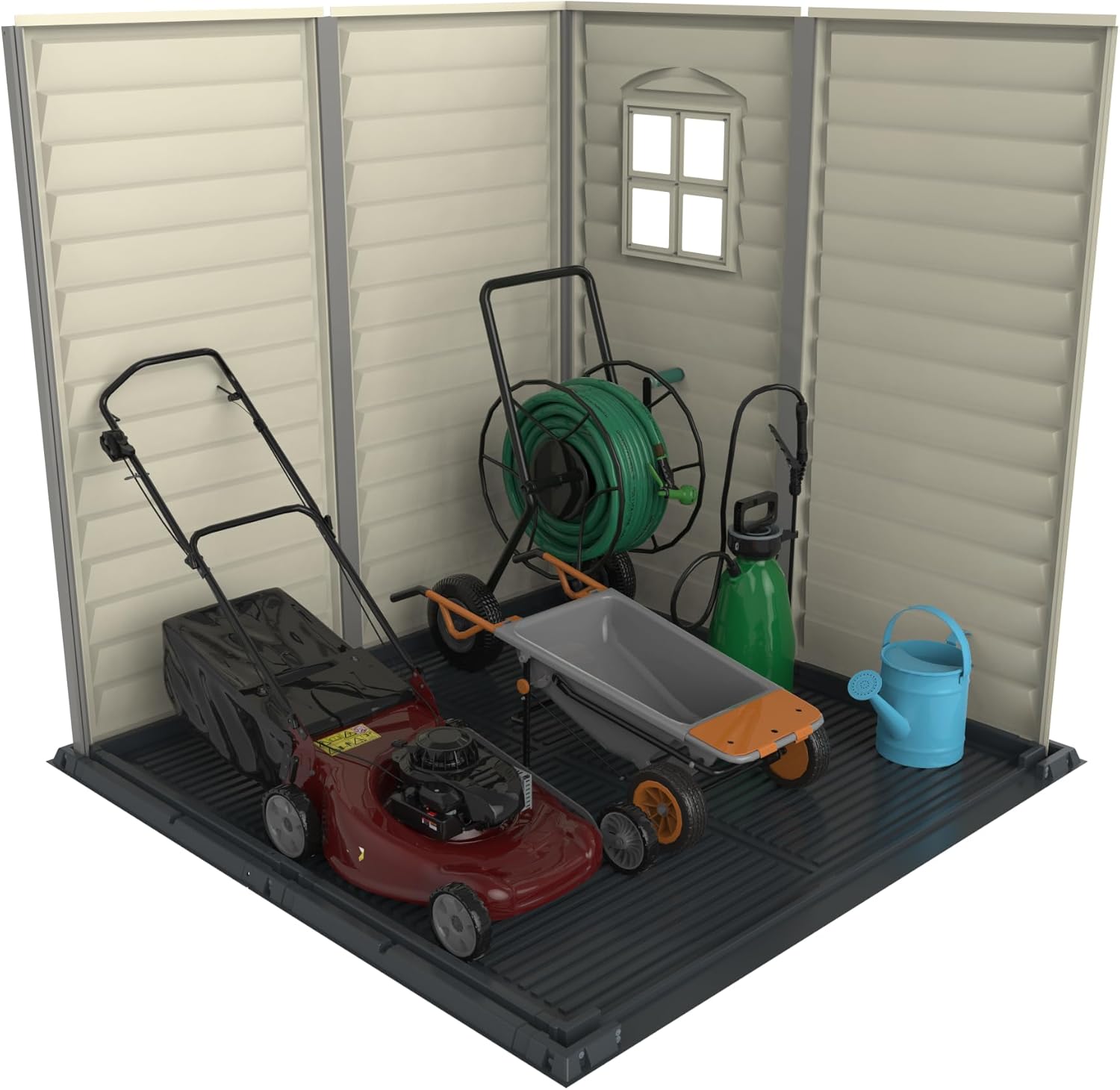 Duramax StoreMate PLUS 6 x 6 (3.65 m²) Abri de jardin en plastique avec plancher en plastique robuste et 1 fenêtre fixe, structure de toit en métal robuste, sans entretien, Gris foncé/ Adobe