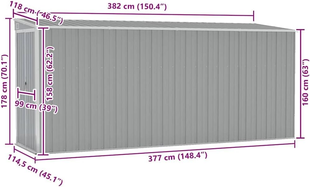 Générique Abri de Jardin Mural Gris 118x382x178 cm Acier galvanisé,Structures extérieures, Cabanes & abris de Jardin,316230