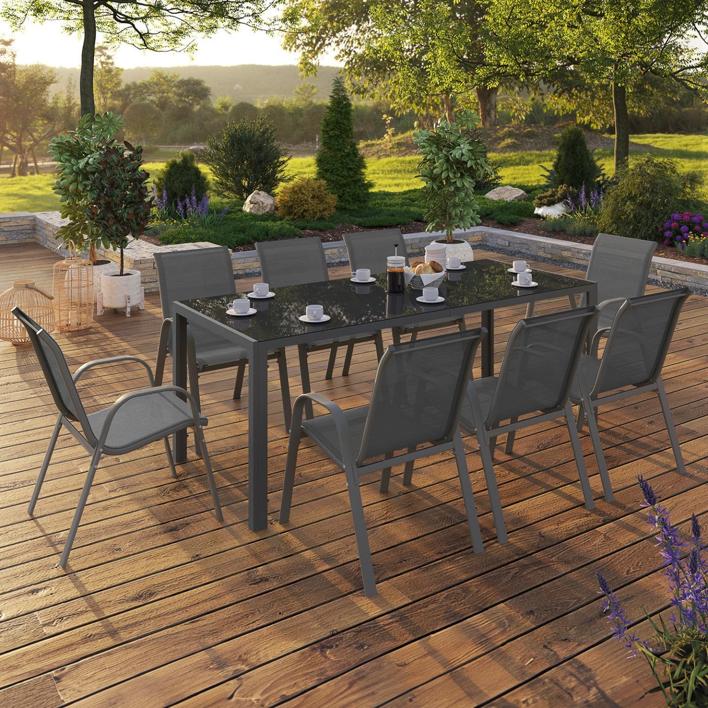 IDMarket - Madrid salon de jardin 190 cm, 8 chaises empilables, gris anthracite