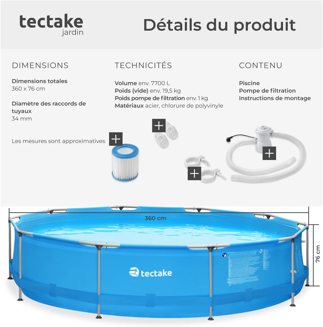 tectake® Piscine Tubulaire Ronde Piscine Hors Sol Ø360 x 76 cm Bleu, Structure en Acier, PVC Résistant aux UV & à la déchirure, avec Pompe Piscine à Filtre, Montage & démontage Facile