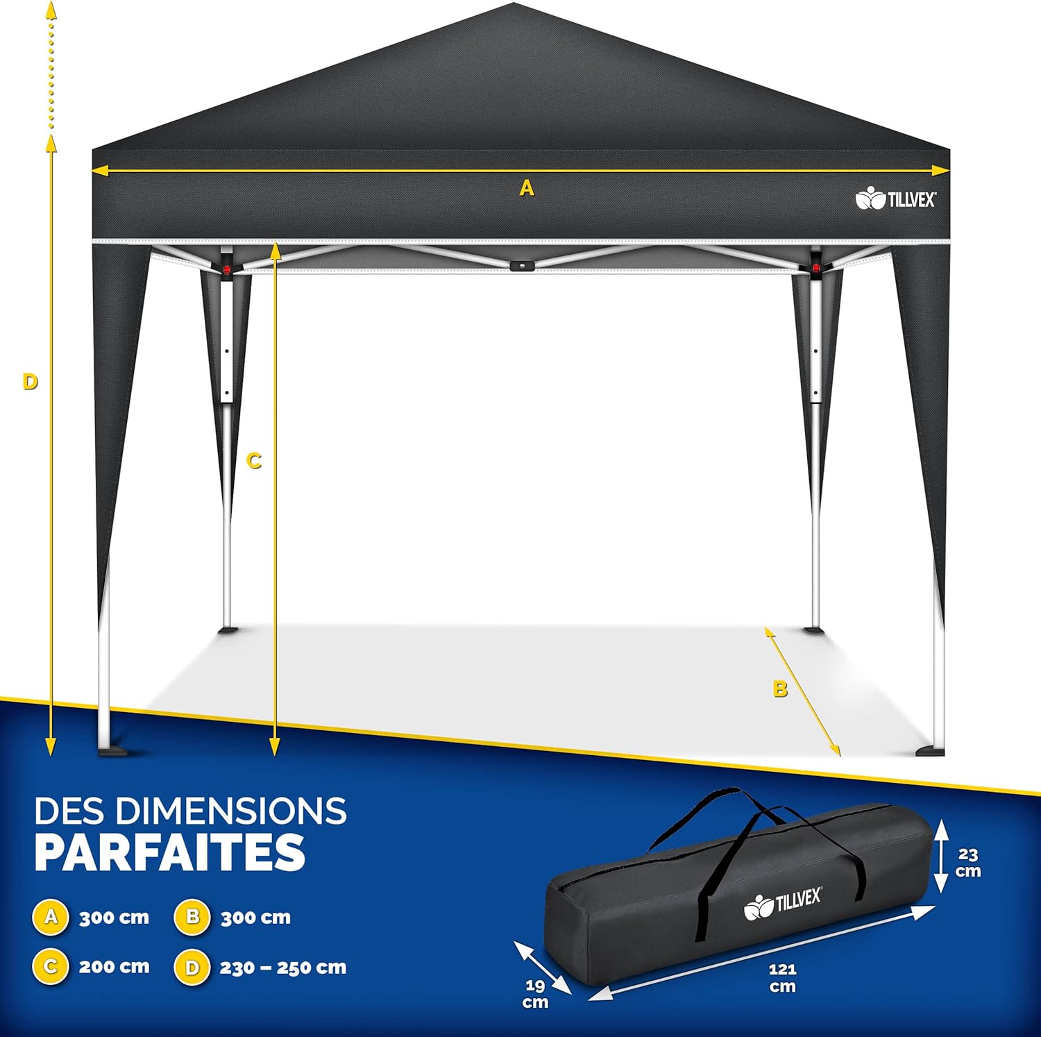 tillvex - Tente Pliante Jardin série - 3x3m - Hauteur réglable, UV50+, sac