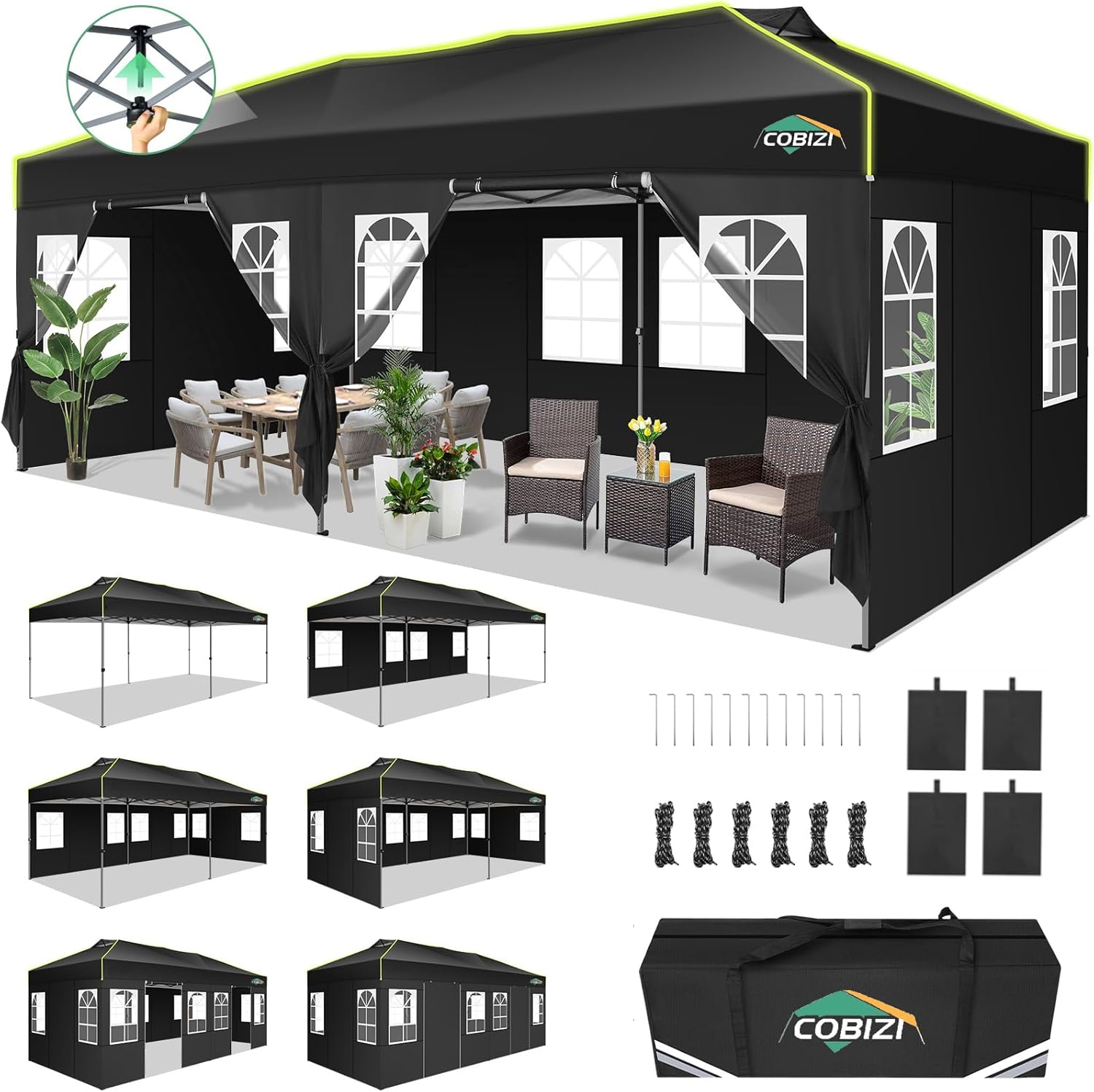 COBIZI - Tonnelle pliante série Barnum - 3x6m - imperméable, panneaux latéraux, anti-UV, ventilation