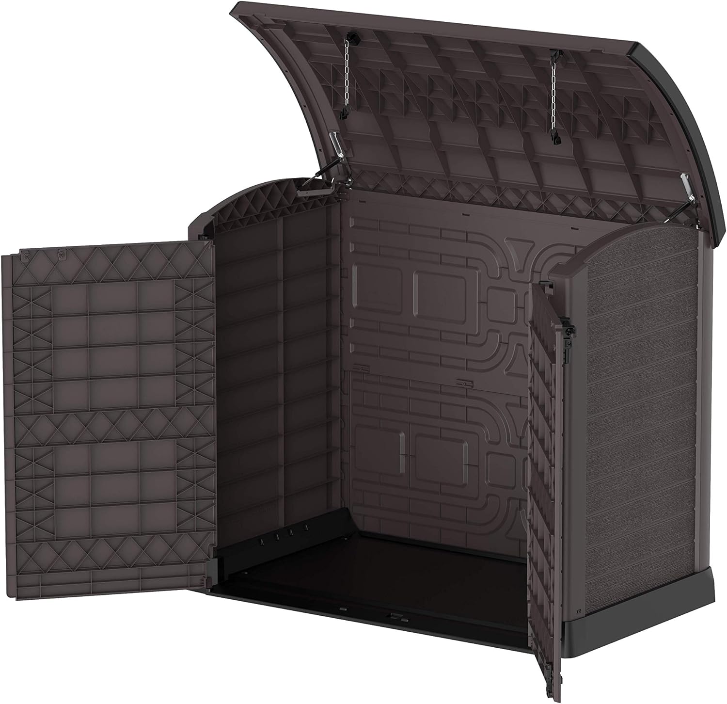 Duramax Cedargrain StoreAway 1200L Abri de jardin en plastique / couvercle arc, Abri pour poubelles, Cache poubelles, Coffre de poubelle, Idéal pour les 2x 240L poubelles, 145x85x125 cm, Marron