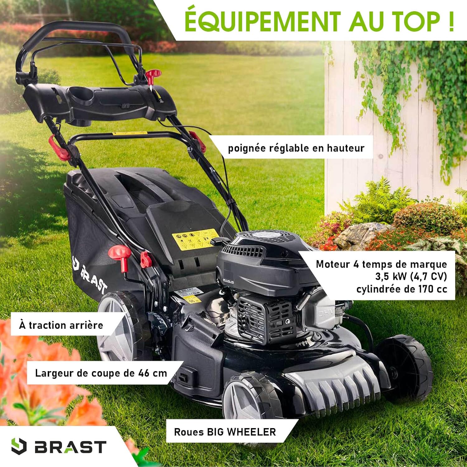 BRAST Tondeuse Thermique, tractée, 46cm, 3,5kW (4,7 CV), 170cc bac 60l, Moteur 4 Temps, Mulching -5 MODÈLES- châssis en tôle d'acier, 4 en 1 Tondeuse Thermique Hauteur de Coupe et Guidon réglable