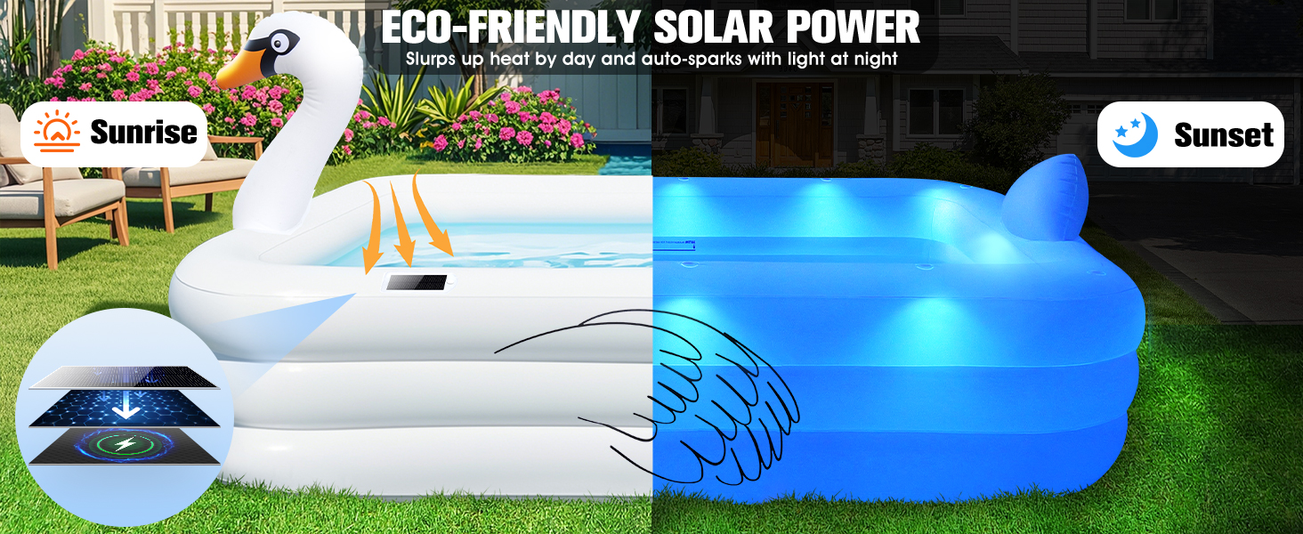 Le texte indique « ÉNERGIE SOLAIRE RESPECTUEUSE DE L'ENVIRONNEMENT » avec les étiquettes « Sunrise » et « Sunset ». Pompe de piscine extérieure à énergie solaire bleue présentée avec une piscine d'arrière-cour et une scène de jardin.