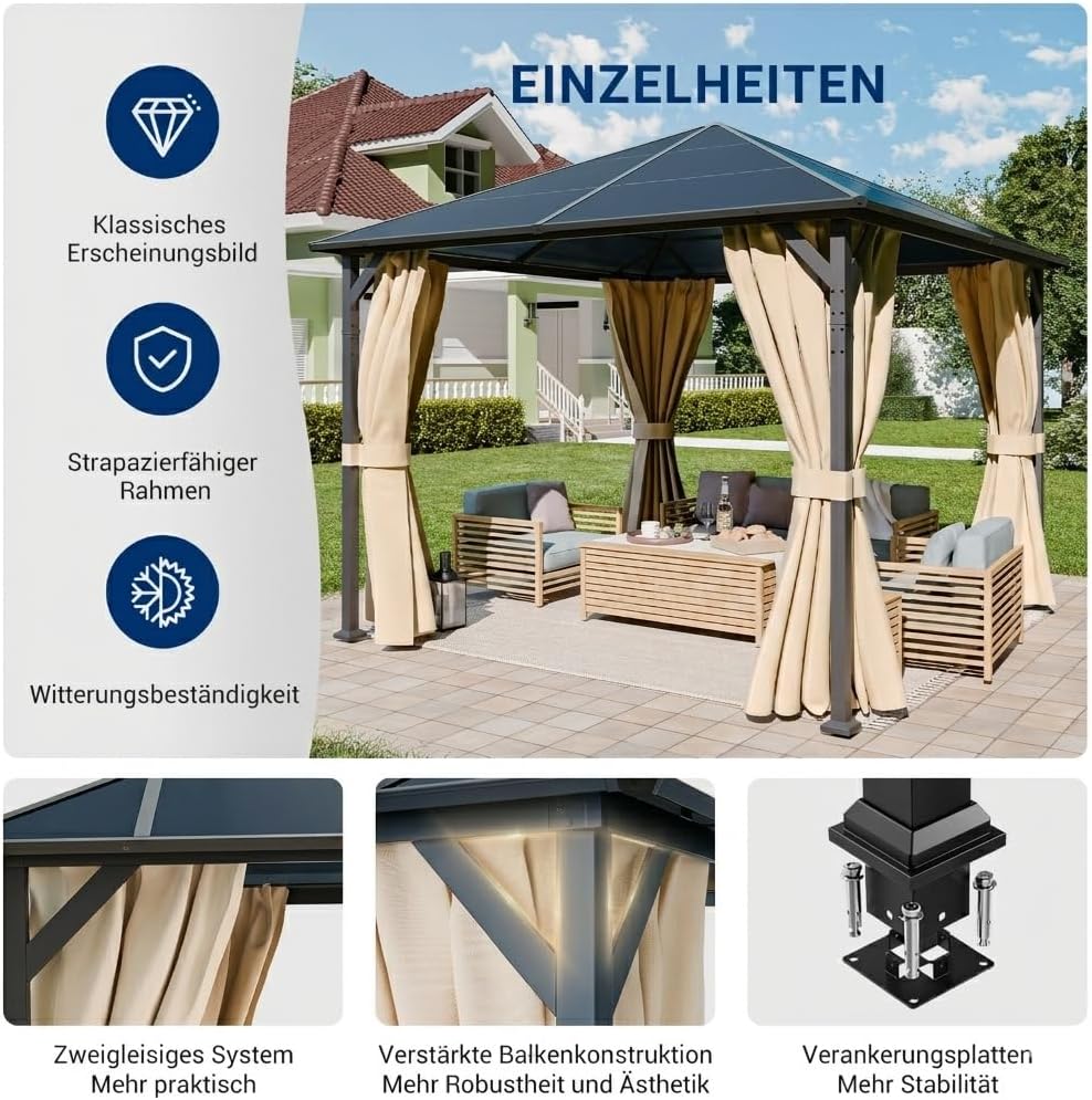 UDPATIO - Tonnelle série imperméable - 3x3m - Toit UV, rideaux, stabilisée, Champagne
