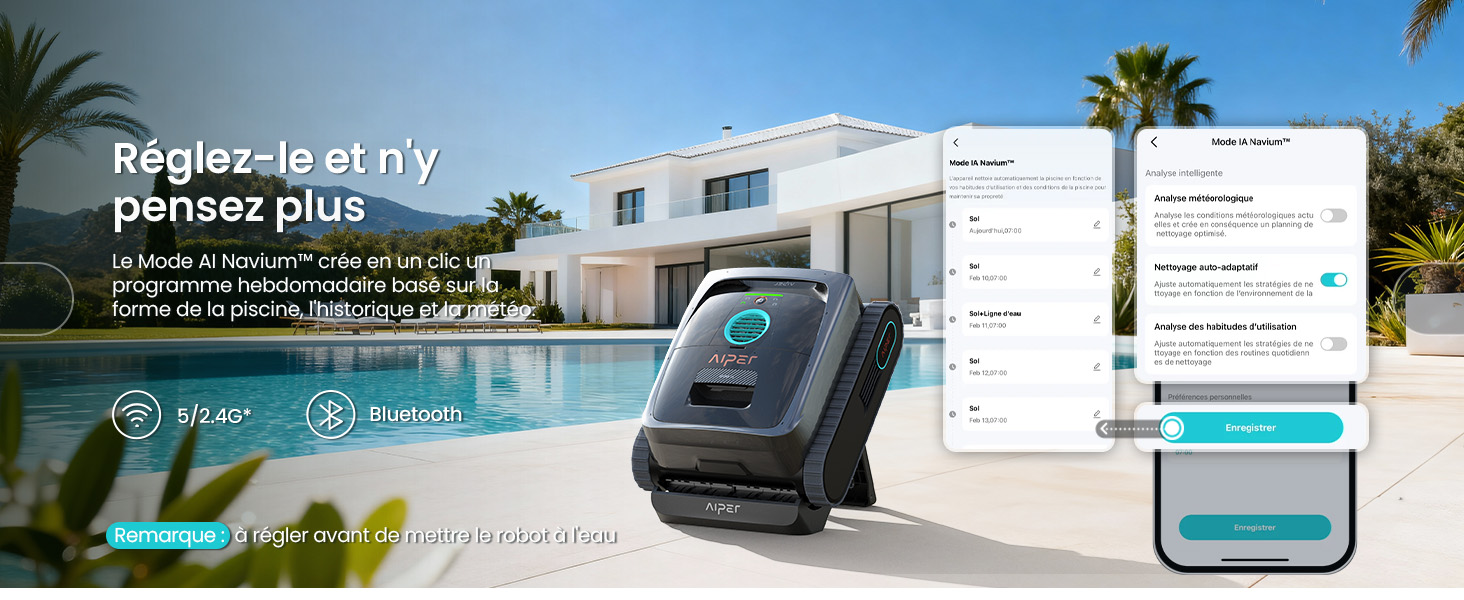 Le texte se lit comme suit : « piscine intelligente plus ». Image marketing montrant une maison moderne avec piscine et superposition d'interface d'application mobile démontrant les fonctionnalités de contrôle de la piscine.