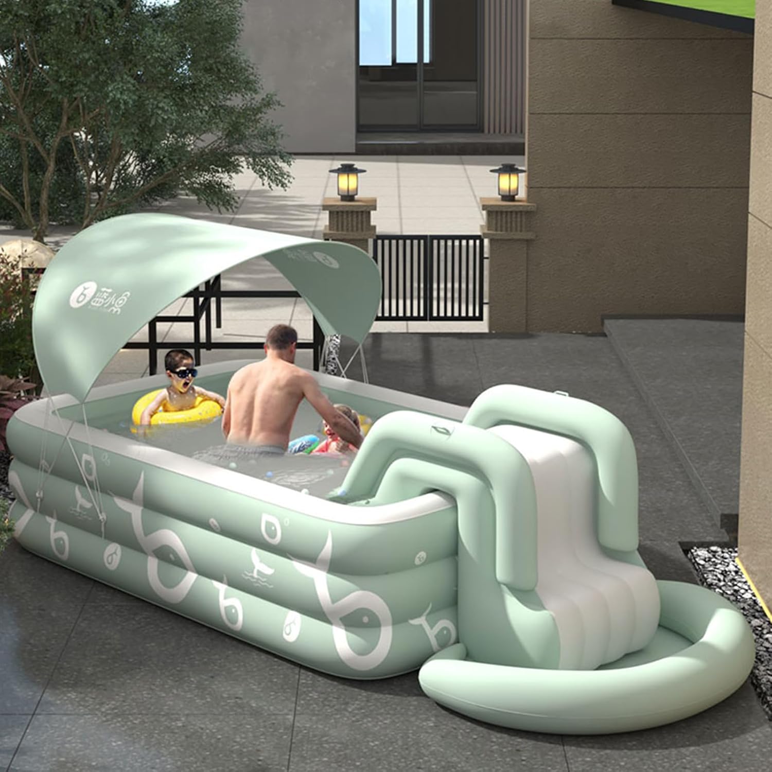 Ergocar Piscine d'Été Ombragée Gonflable avec Toboggan Intégré - Piscine Extérieure pour Enfants et Adultes