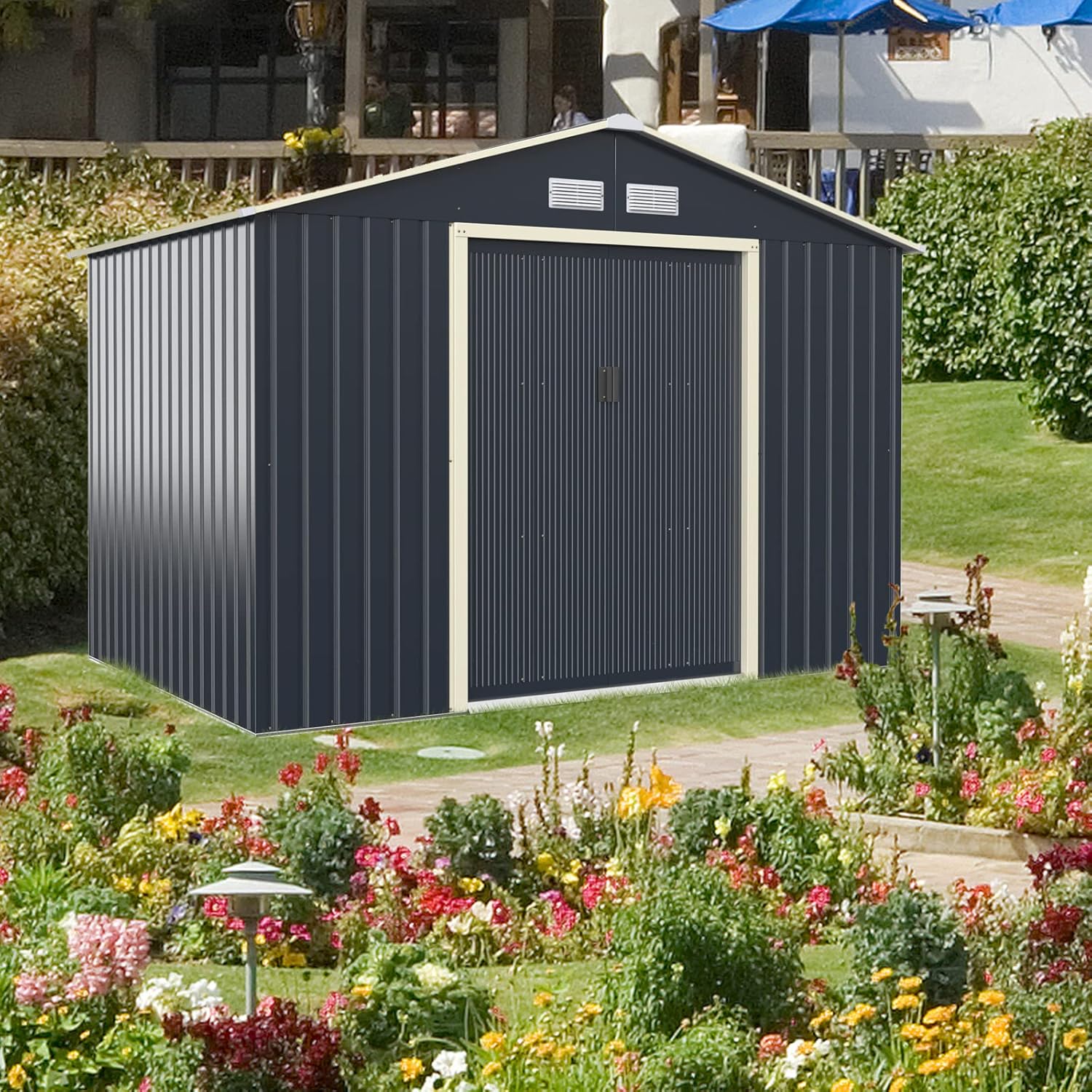 HOMASIS - abri de jardin métal série 4 fenêtres, 277x191x202cm, toit résistant, 2 portes