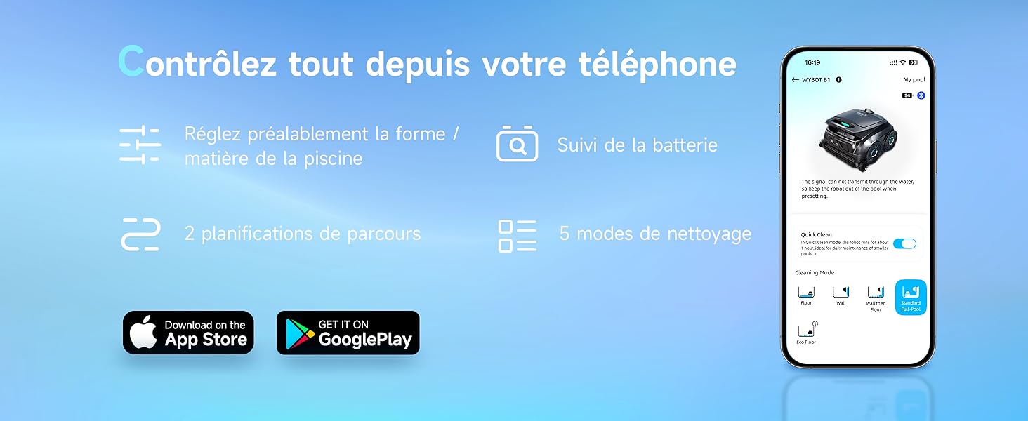 Le texte indique « Contrôlez tout depuis votre téléphone » et les fonctions de contrôle françaises sont répertoriées. Smartphone affichant l'interface de l'application avec les boutons de téléchargement de l'App Store et de Google Play ; appareil de commande sans fil illustré.