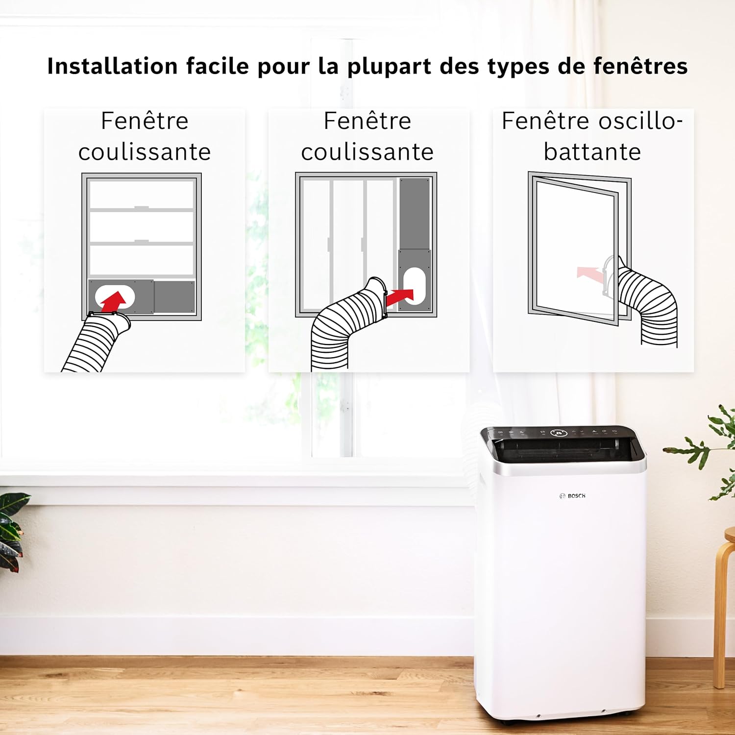 Bosch Cool 5100 Portable AC - 3 en 1 Climatiseur, Déshumidificateur, Ventilateur - 3,4 kW pour les pièces jusqu'à 46m² - Avec Mode Auto, Mode Silencieux et Mode Veille (43 db (A)) [Classe A+]