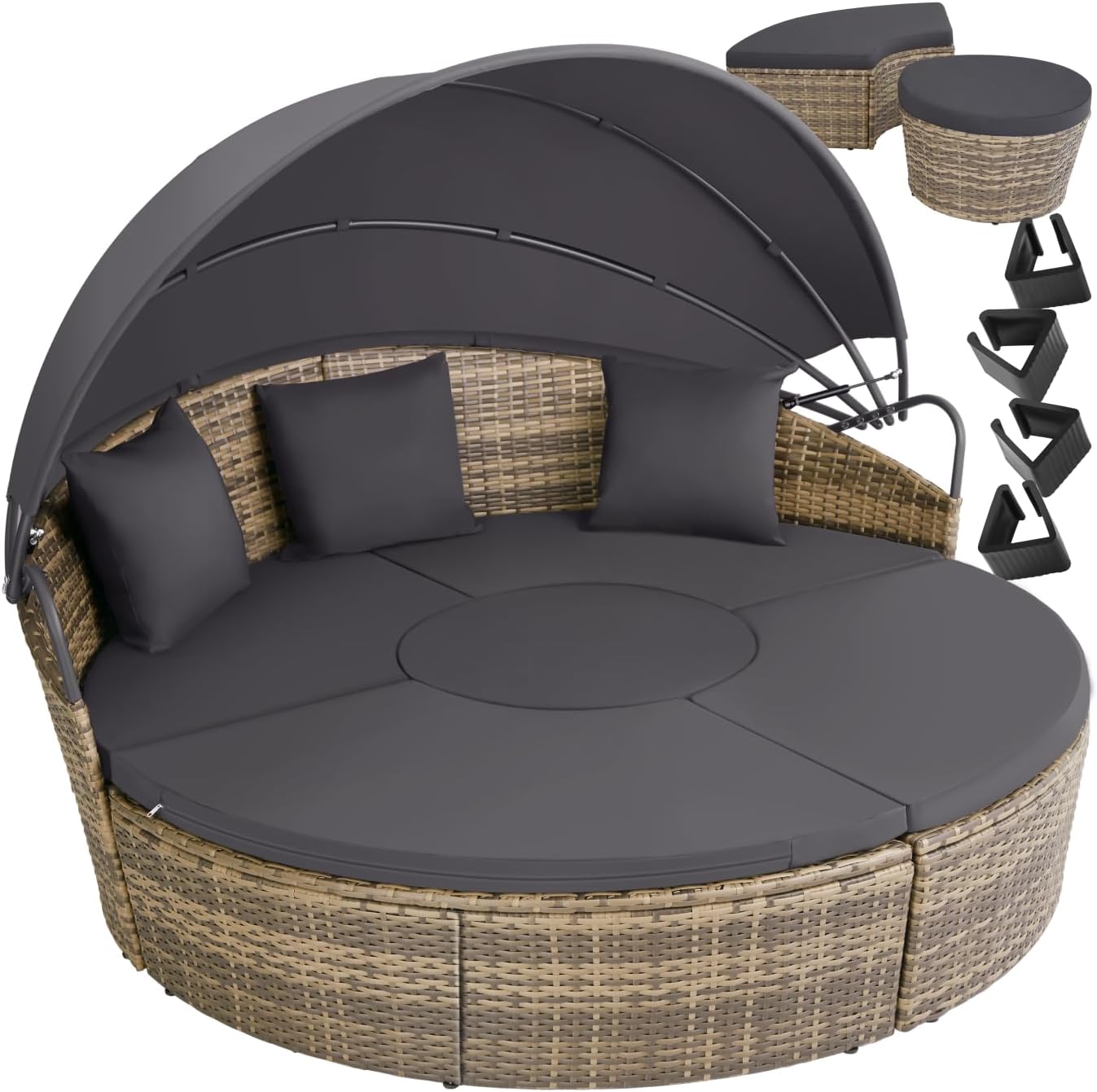 tectake - Bain de soleil modulable avec pare-soleil, coussins inclus, résine tressée, relax extérieur