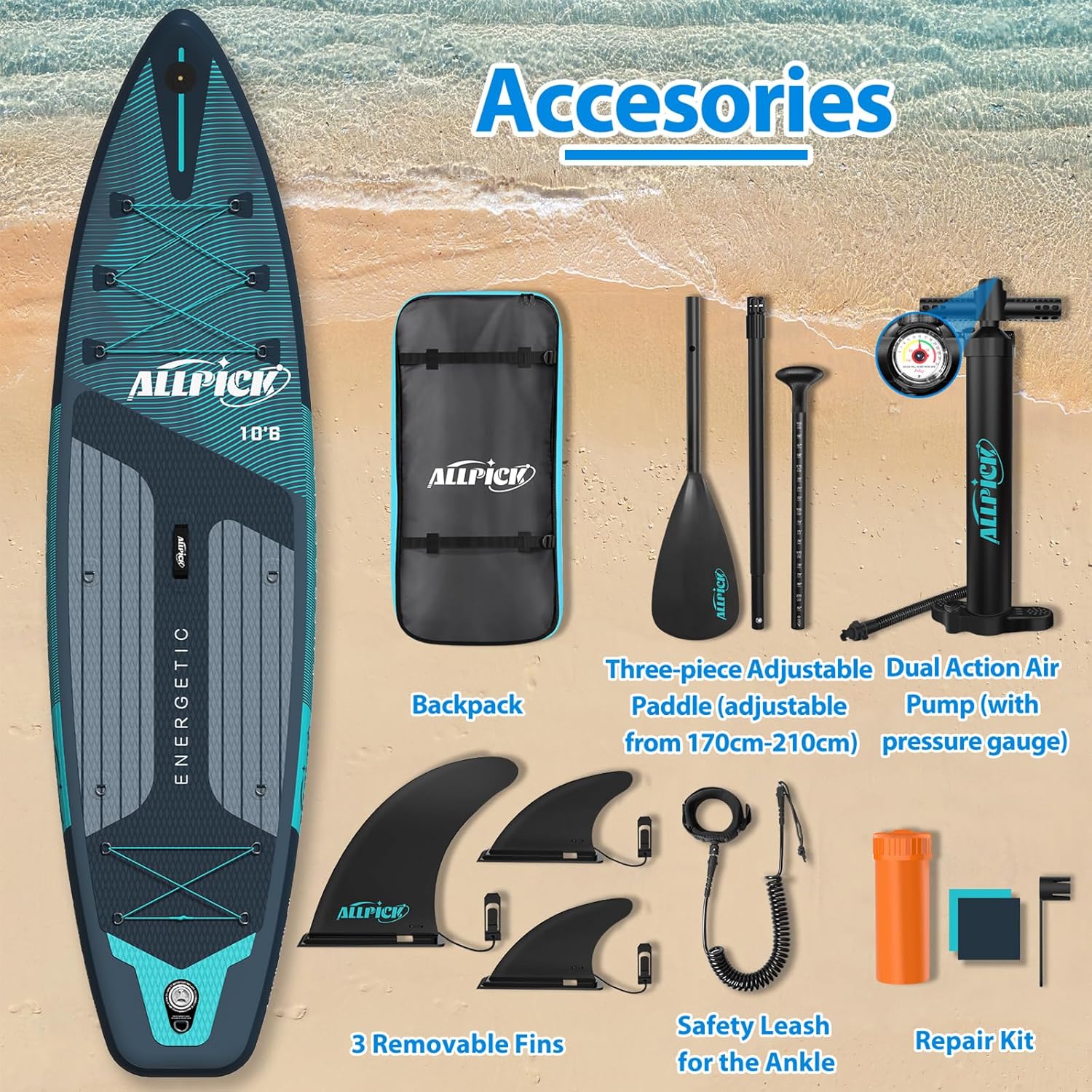 ALLPICK - Paddle gonflable 320 cm - caméra, pagaie réglable, 200 kg