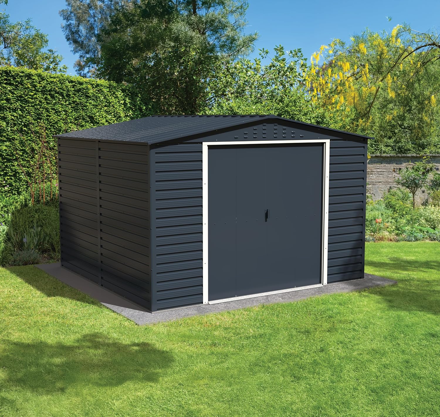 Duramax Alpine 10 x 10 (9,75 m²) Abri de Jardin en métal avec Base, Acier galvanisé à Chaud, Structure de Toit renforcée, Abri de Jardin sans Entretien et résistant aux intempéries, Anthracite