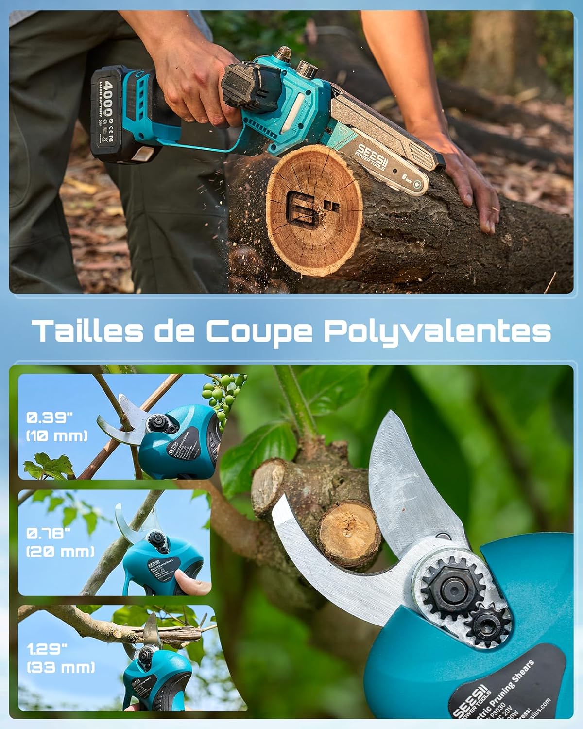 SEESII P6 Combo 6 Pouces Mini Tronconneuse avec Perche & 33 mm Secateur Electrique, 4-en-1 Ensemble d’Outils de Jardin avec 2 * 4000 mAh Batteries, Portée Maximale Jusqu’à 4,57 m