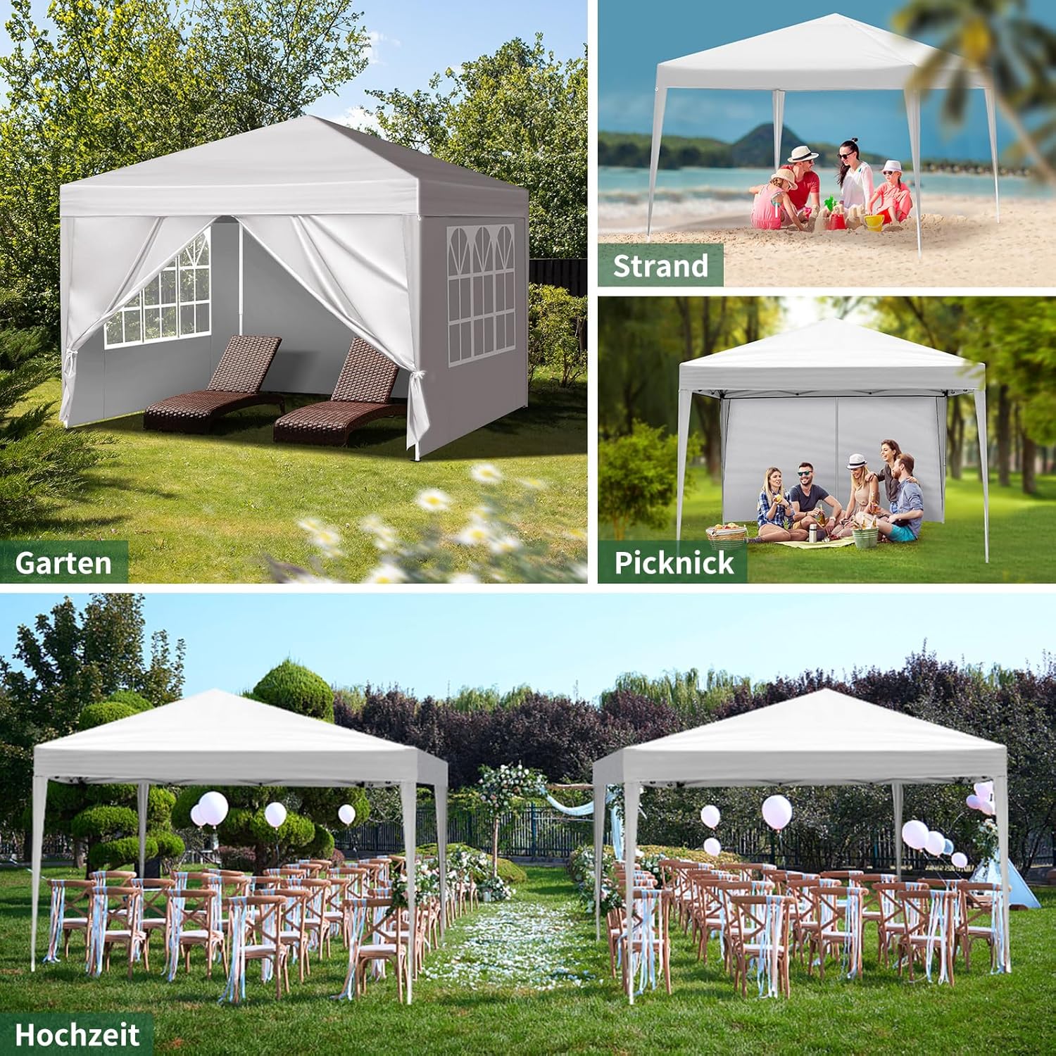 LEADZM - tonnelle pliante - 3x3m - hauteur réglable, 4 côtés, imperméable, acier, UV50+