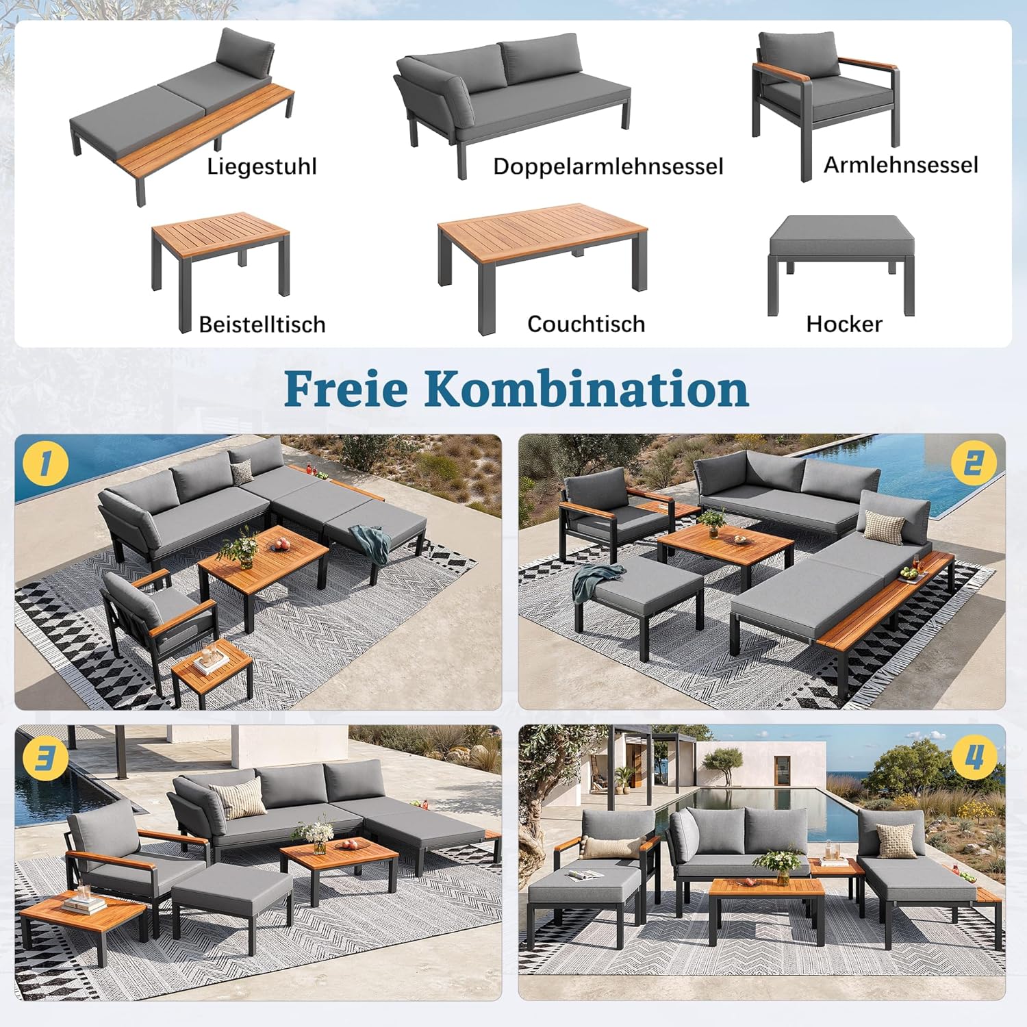 Sapgaks - salon de jardin 6 pers. - métal, coussins, 2 tables, gris