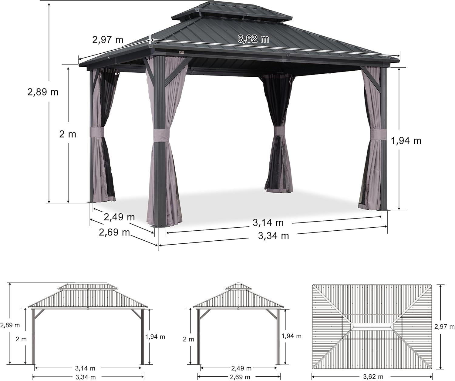 PURPLE LEAF - Pergola aluminium double toit 3,65x3m rideaux moustiquaire