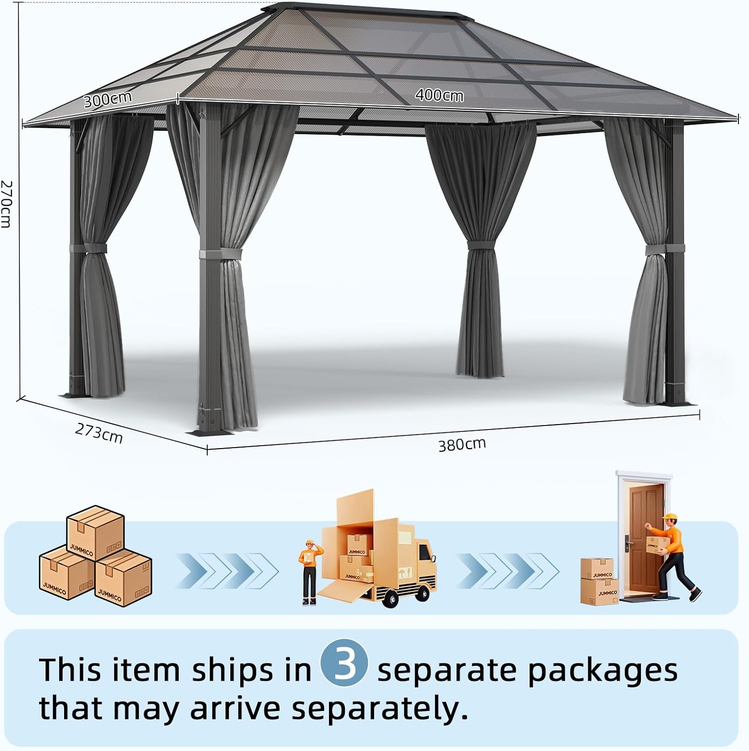 JUMMICO - Tonnelle série extérieure - 3x4m aluminium imperméable, toit transparent, parois latérales