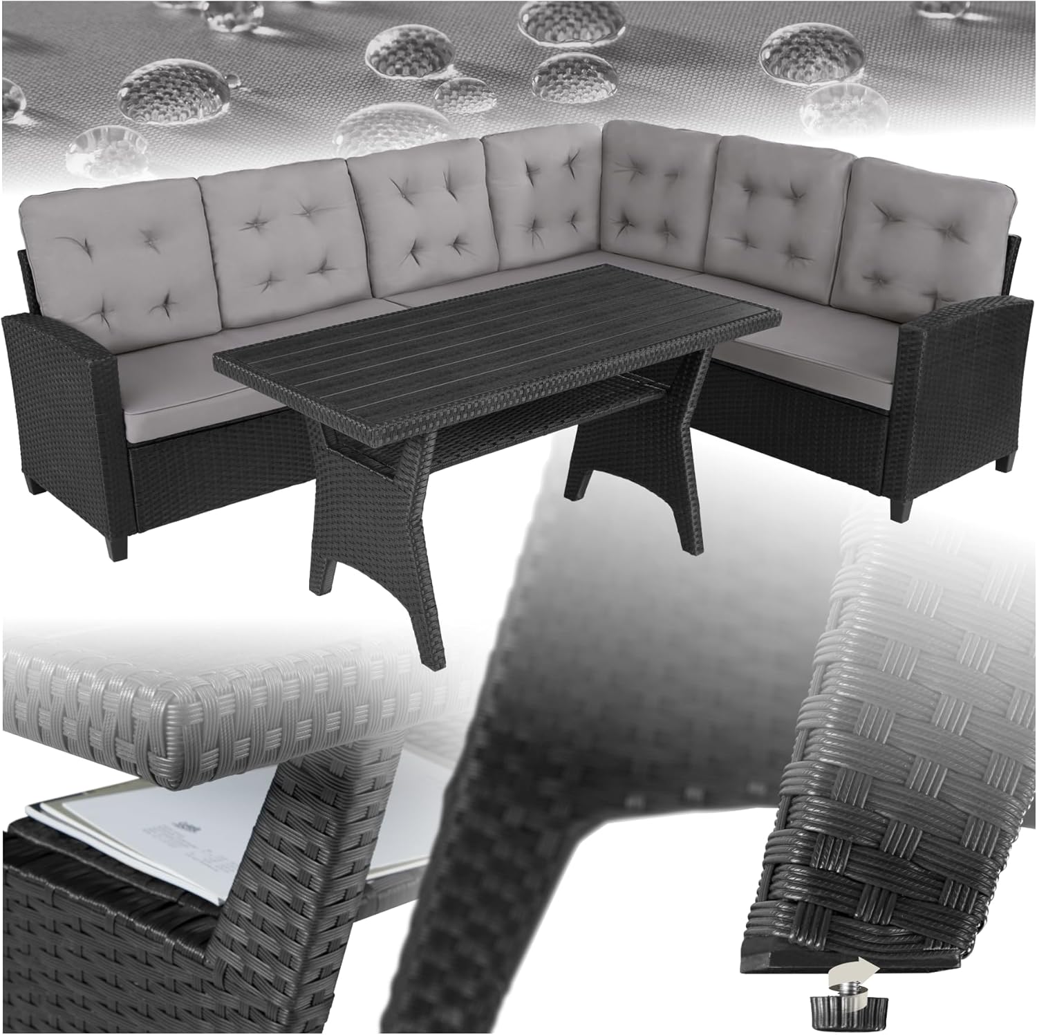 tectake - Ensemble salon de jardin 6 places, poly rotin, canapé spacieux avec table, rembourrage moelleux