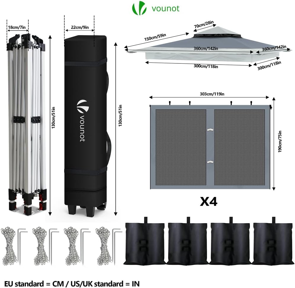 VOUNOT - tonnelle de jardin - 3.6x3.6m - moustiquaire, acier, toits doubles, anti-UV