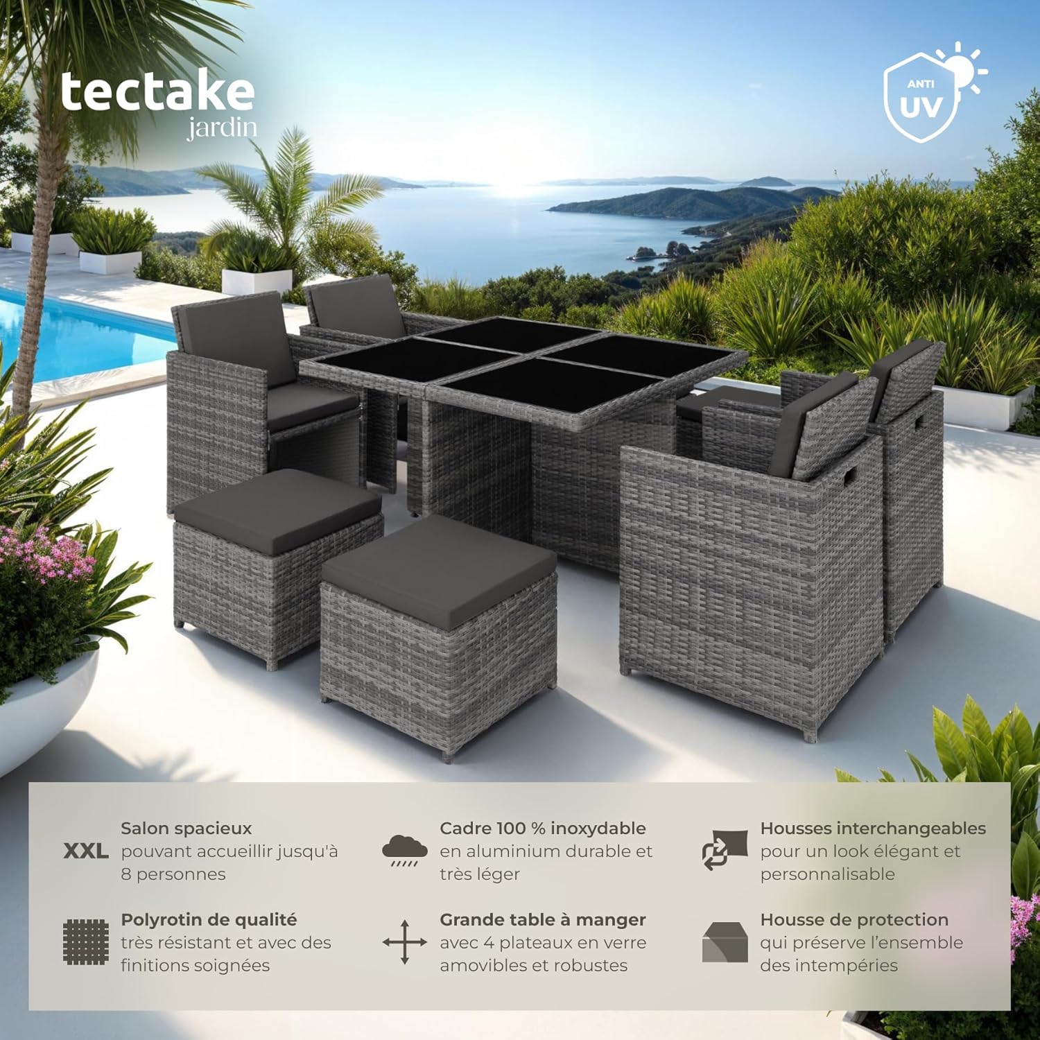 tectake - Salon de jardin 8 places aluminium rotin gris, confortable