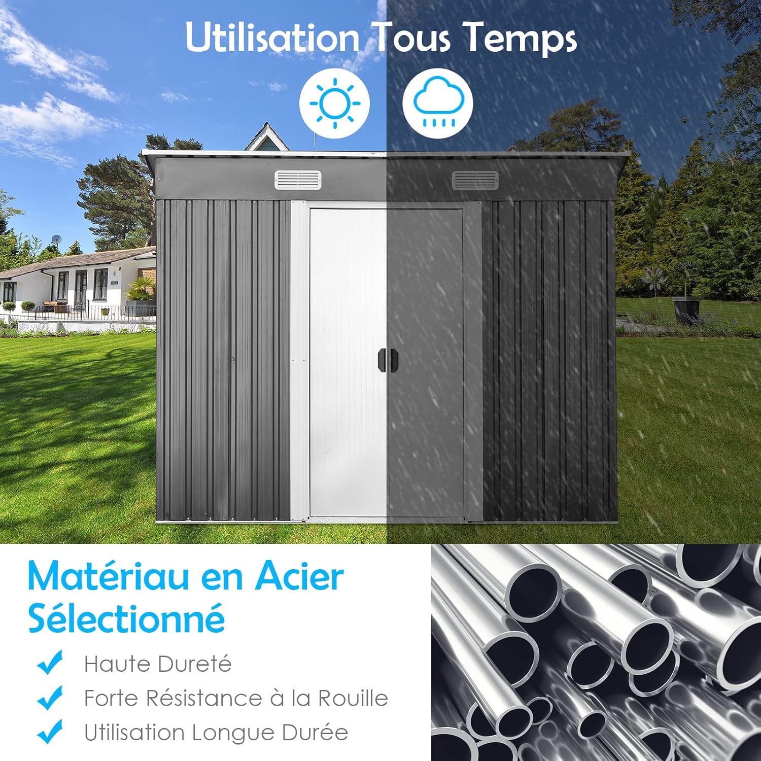 RELAX4LIFE - abri de jardin acier galvanisé 238x131x181cm, ventilé, double porte - RELAX4LIFE3,11㎡
