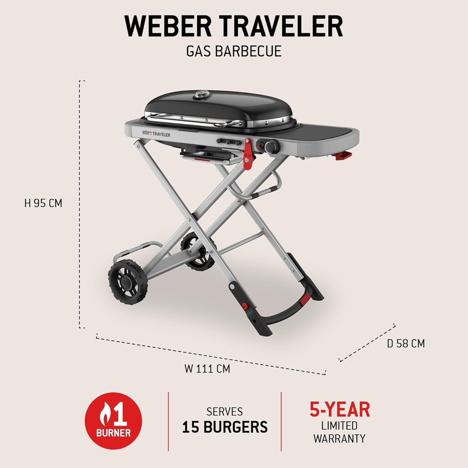 Weber - Traveler - 111 cm - barbecue pliable portable, 2065 cm², 1 brûleur