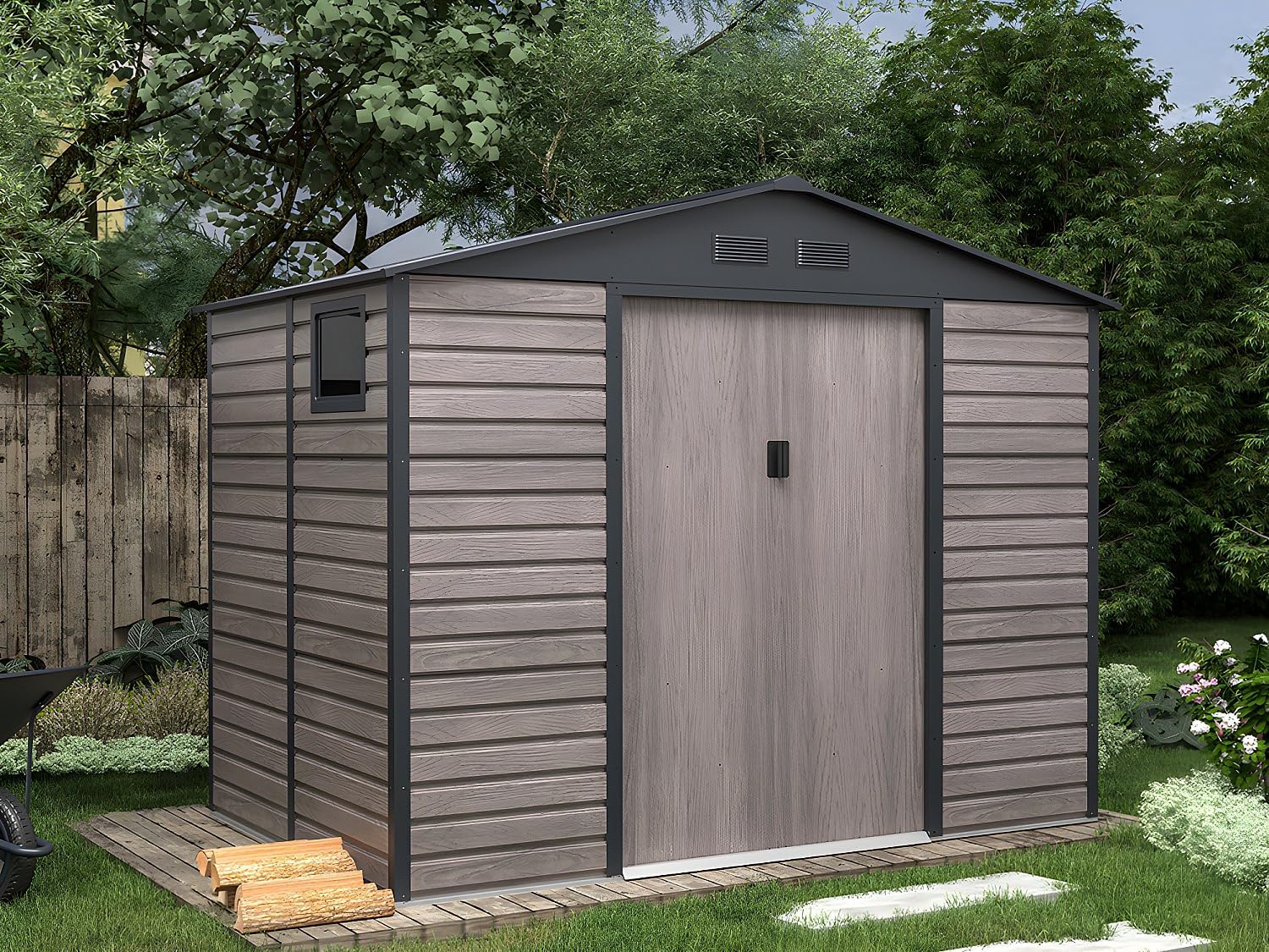 Vente-unique - ADELMO - abri jardin métal 5,40m² acier galva bois gris