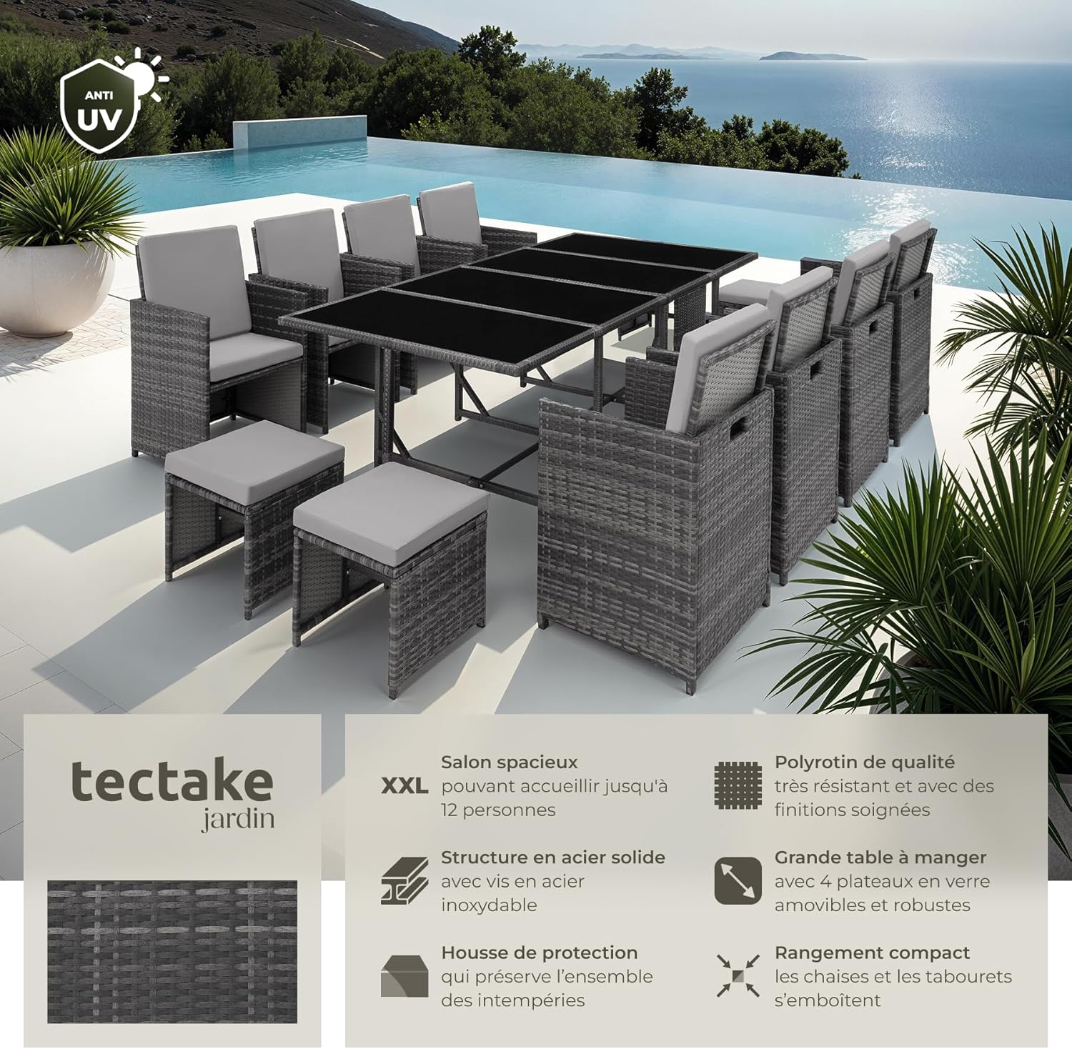tectake - Salon Résine Tressée, 8 chaises, 4 tabourets, table, gris