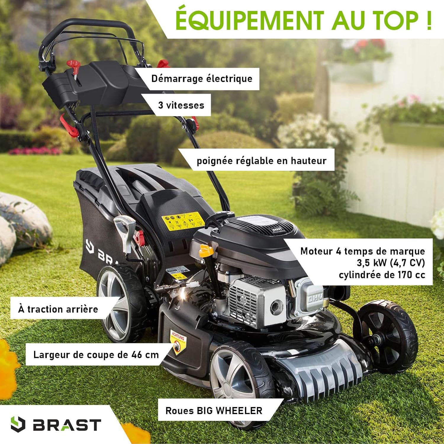BRAST Tondeuse Thermique tractée démarrage électrique 170ccm 3,5kW (4,76 CV) 46 cm Coupe 30-80, Vitesse d'entraînement Triple réglable 60 l Moteur 4 Temps, 4en 1, châssis en tôle d'acier