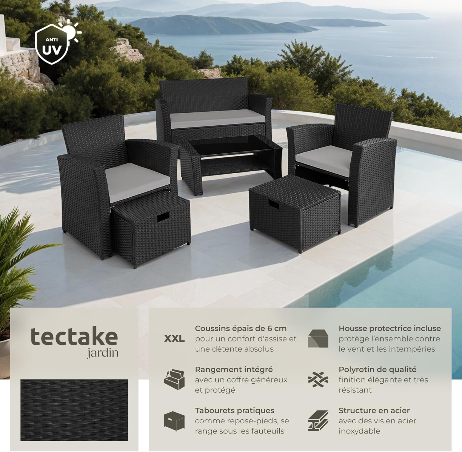 tectake - salon jardin poly rotin, 1 banquette, 2 fauteuils, table, noir/gris