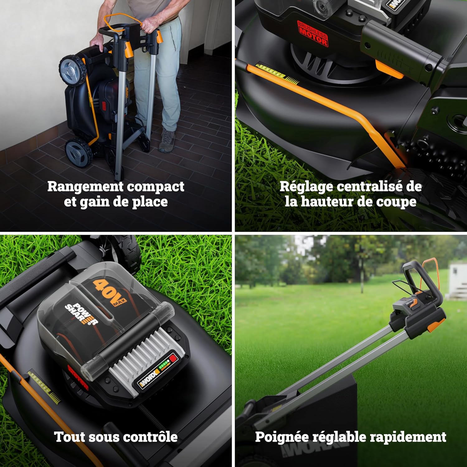 WORX - Tondeuse sans fil Brushless, 46cm, 40V, 55L, mulching, WG749E