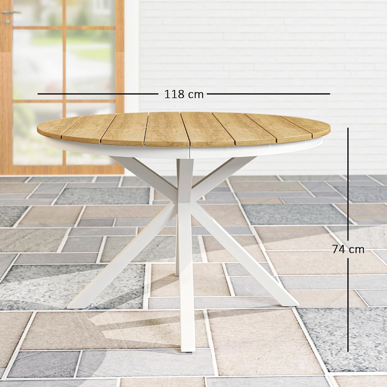 Outsunny - table ronde de jardin ø118 cm - aluminium, effet bois, pieds réglables