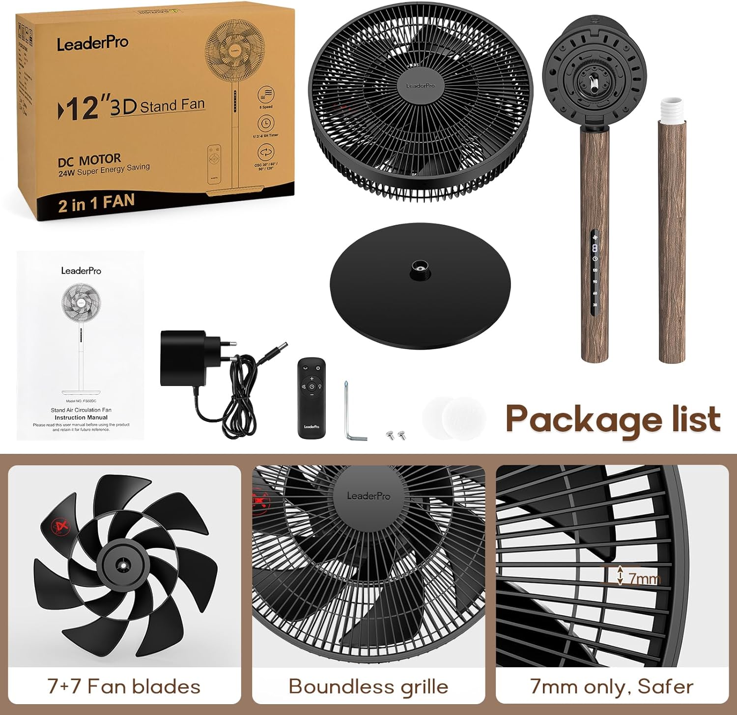 LeaderPro Ventilateur sur Pied Silencieux 12,8 dB avec Télécommande, Débit d'Air de 1980 m³/h, Double Lames Puissantes, Oscillation 120°, 8 Vitesses, Minuterie 8 h, Hauteur Réglable, Moteur DC, Noir