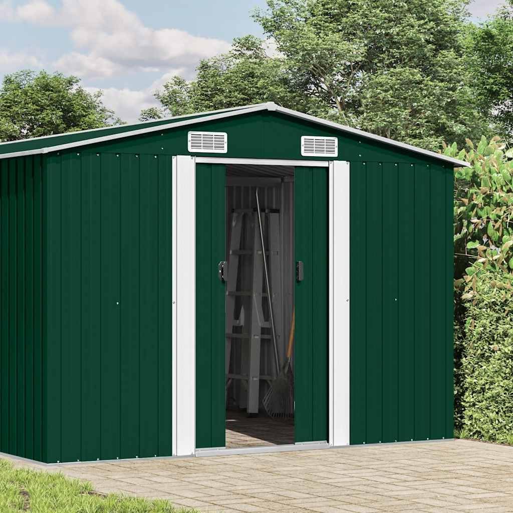 vidaXL - Abri de jardin métal 257x398x178 cm, vert, terrasse et outils