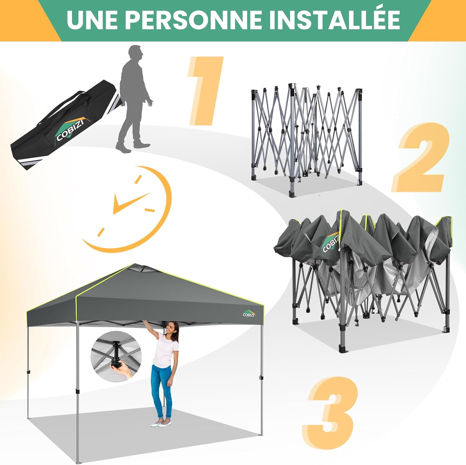 COBIZI - Tonnelle pliante série UV 50+ - 3x3m - verrouillage central, bandes fluorescentes, 4 parois