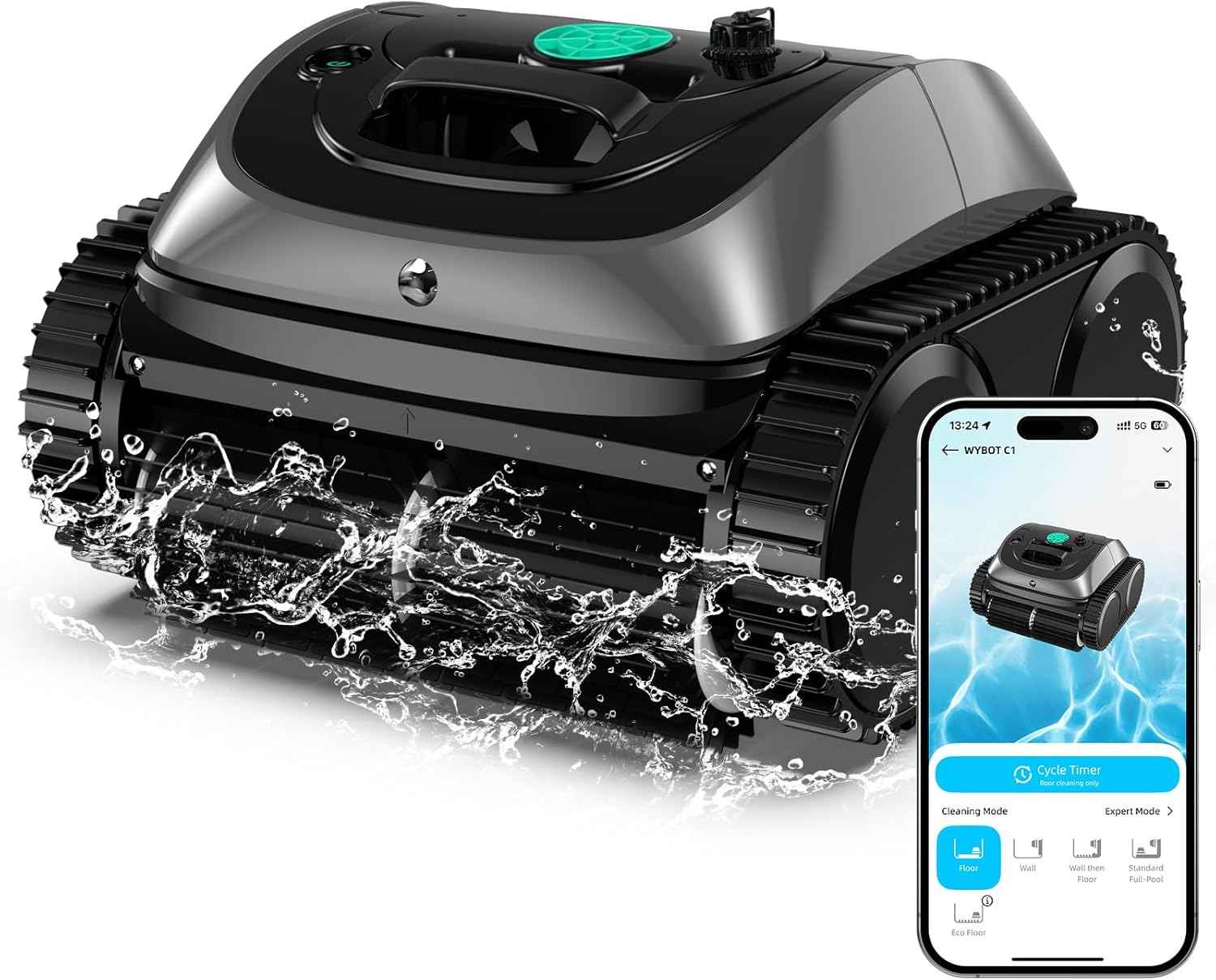 WYBOT C1 Robot Piscine Fond et Parois 150 Min Aspirateur Piscine avec Planification Intelligente des itinéraires, Nettoyage entièrement Automatique du Sol, 150m² Nettoyage Rapide(Vert Gris)