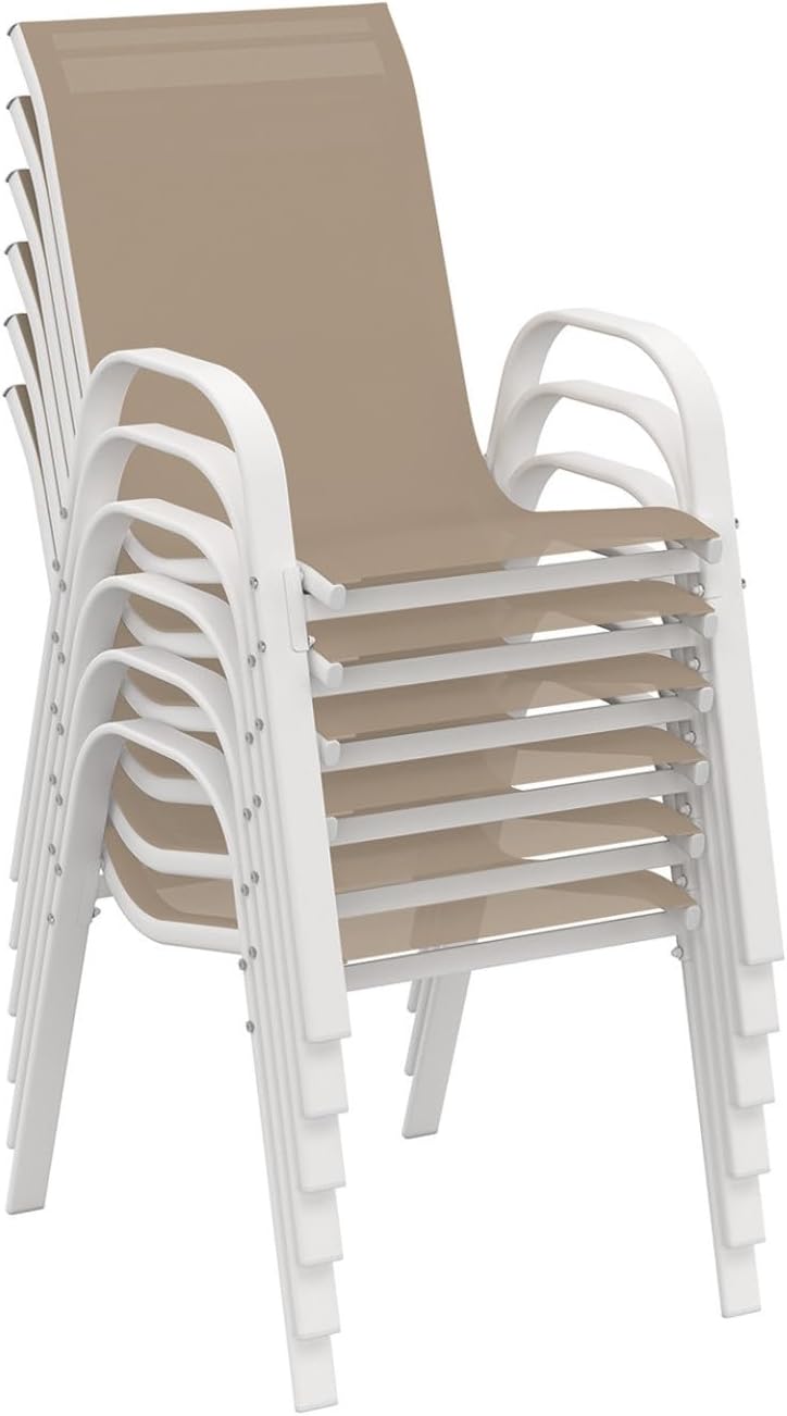 IDMarket - Madrid salon jardin, table 190 cm, 8 chaises empilables, blanc/beige