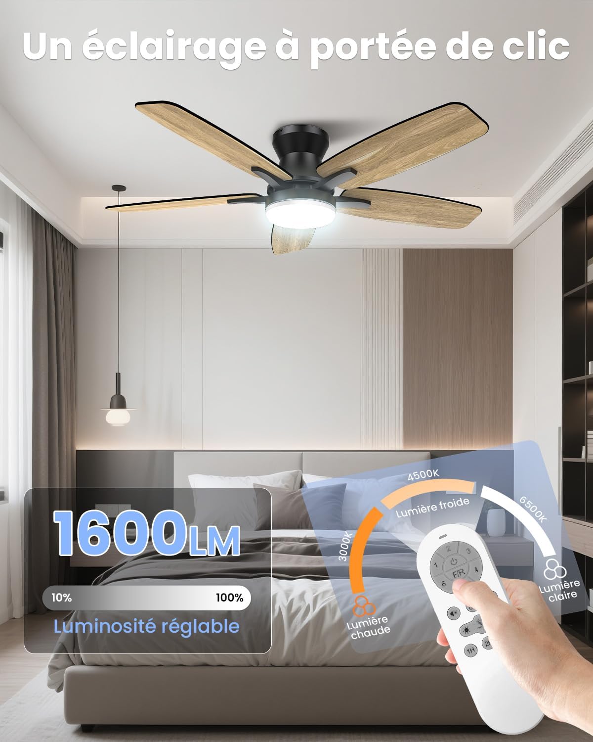 Airwit - Ventilateur de plafond double face 106cm, LED, télécommande, moteur DC réversible, silencieux
