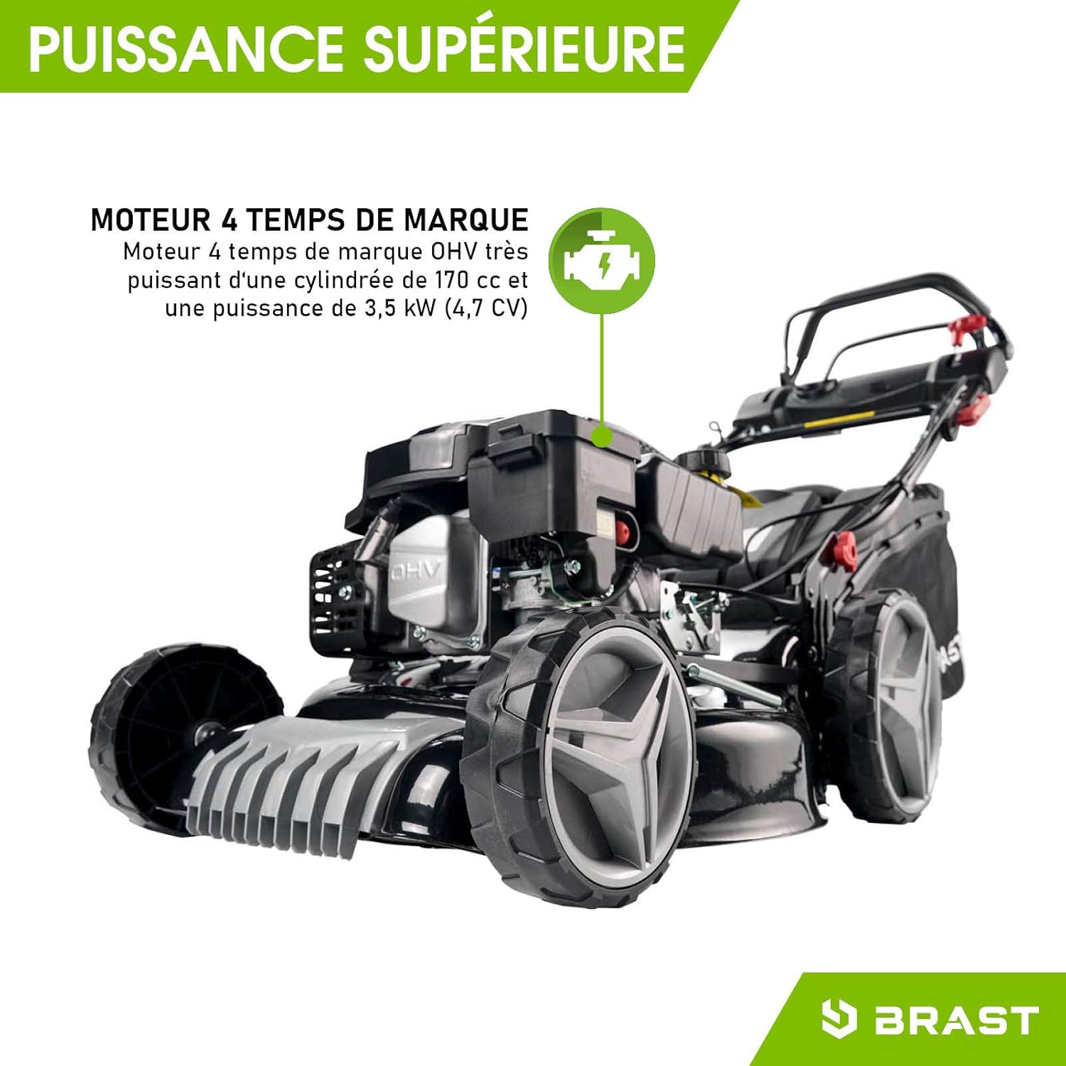 BRAST Tondeuse Thermique, tractée, 46cm, 3,5kW (4,7 CV), 170cc bac 60l, Moteur 4 Temps, Mulching -5 MODÈLES- châssis en tôle d'acier, 4 en 1 Tondeuse Thermique Hauteur de Coupe et Guidon réglable