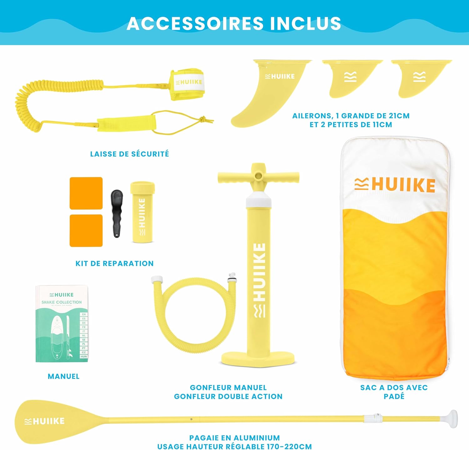 HUIIKE Paddle Gonflable Adulte avec Accessoires Inclus, Pagaie, Ailerons, Pompe. Planche de Stand Up Paddle Grande Stabilité et Résistance. 305 x 84 x 15 cm, Jusqu'à 130 kg