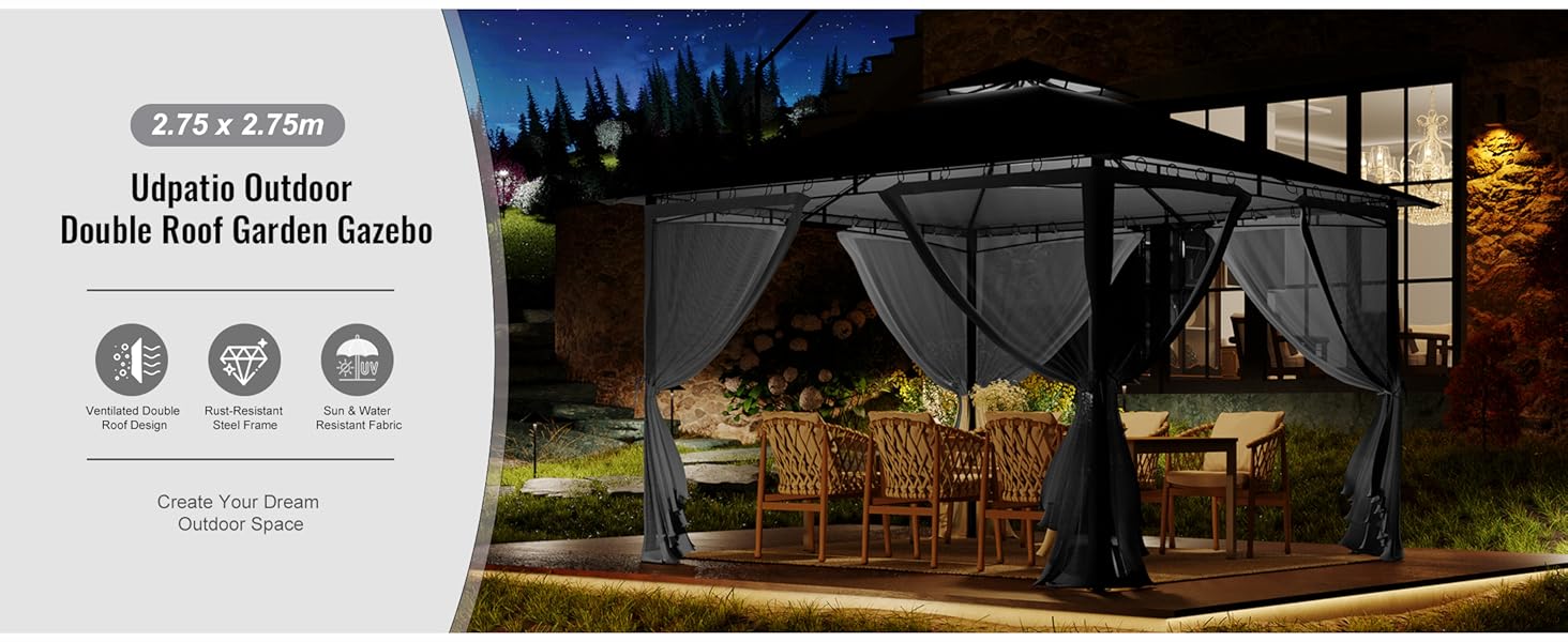 Tonnelle de jardin extérieure à double toit, 2,75 x 2,75 m, éclairée la nuit avec coin salon à l'intérieur. Dispose d'une protection solaire et d'une résistance à l'eau.